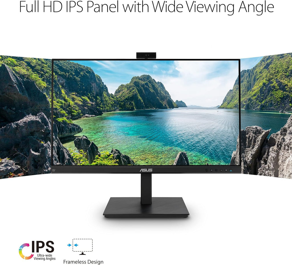 ASUS 27' 1080P Video Conference Monitor (BE279QSK) - Full HD, IPS, Built-in Adjustable 2MP Webcam, Mic Array, Speakers, Eye Care, Wall Mountable, Frameless, HDMI, DisplayPort, VGA, Height Adjustable
