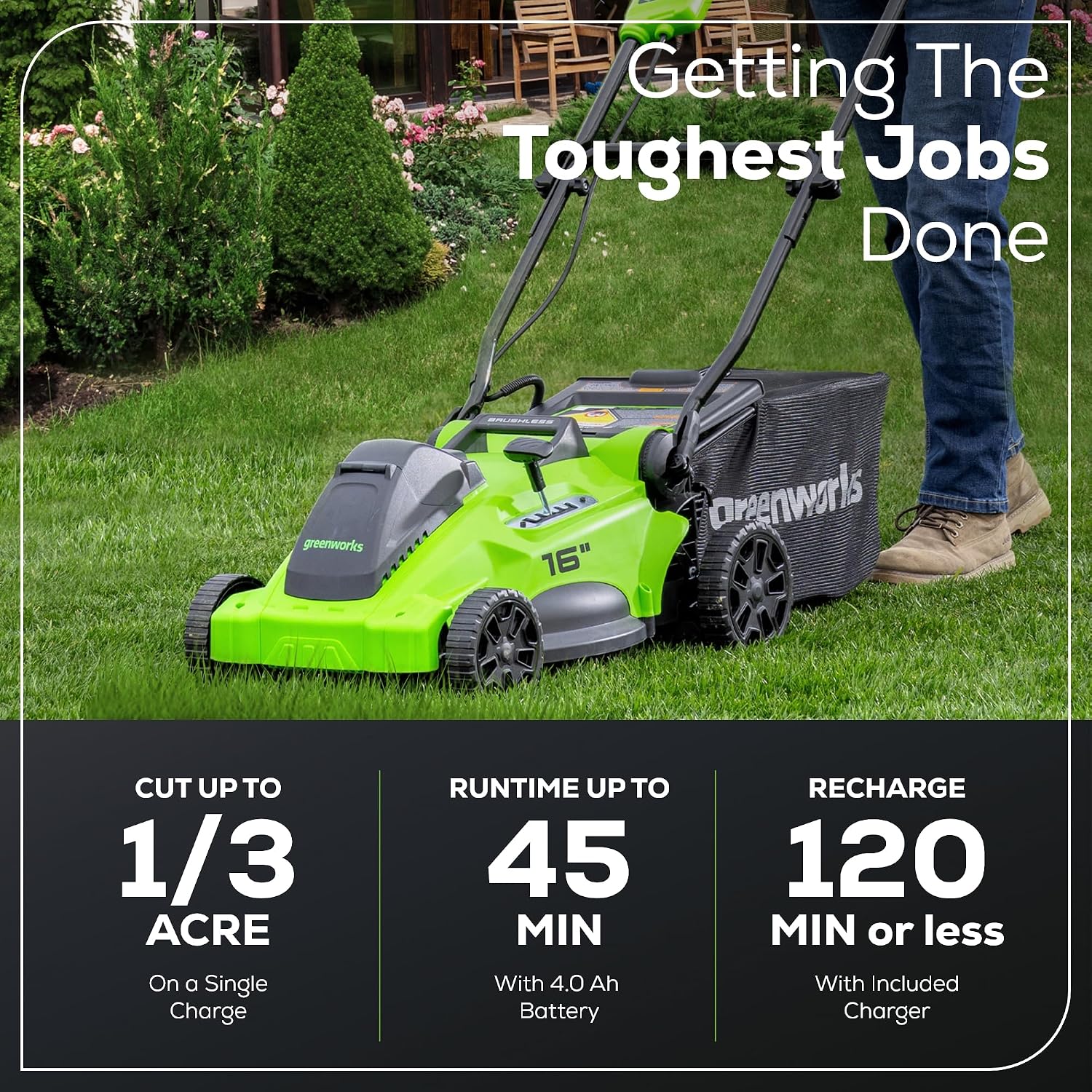 Greenworks 40V 16' Brushless Cordless (Push) Lawn Mower (75+ Compatible Tools), 4.0Ah Battery and Charger Included