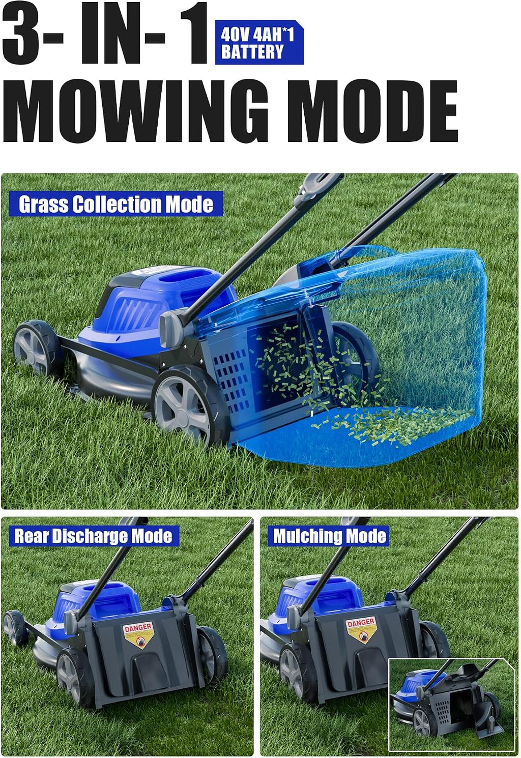 Wild Badger Power 40V 16″ Cordless Lawn Mower Brushless, 5,445 sq ft/0.125 ac,2×4.0Ah Battery & Fast Charger, 5-Position Height,for Small Residential Lawns