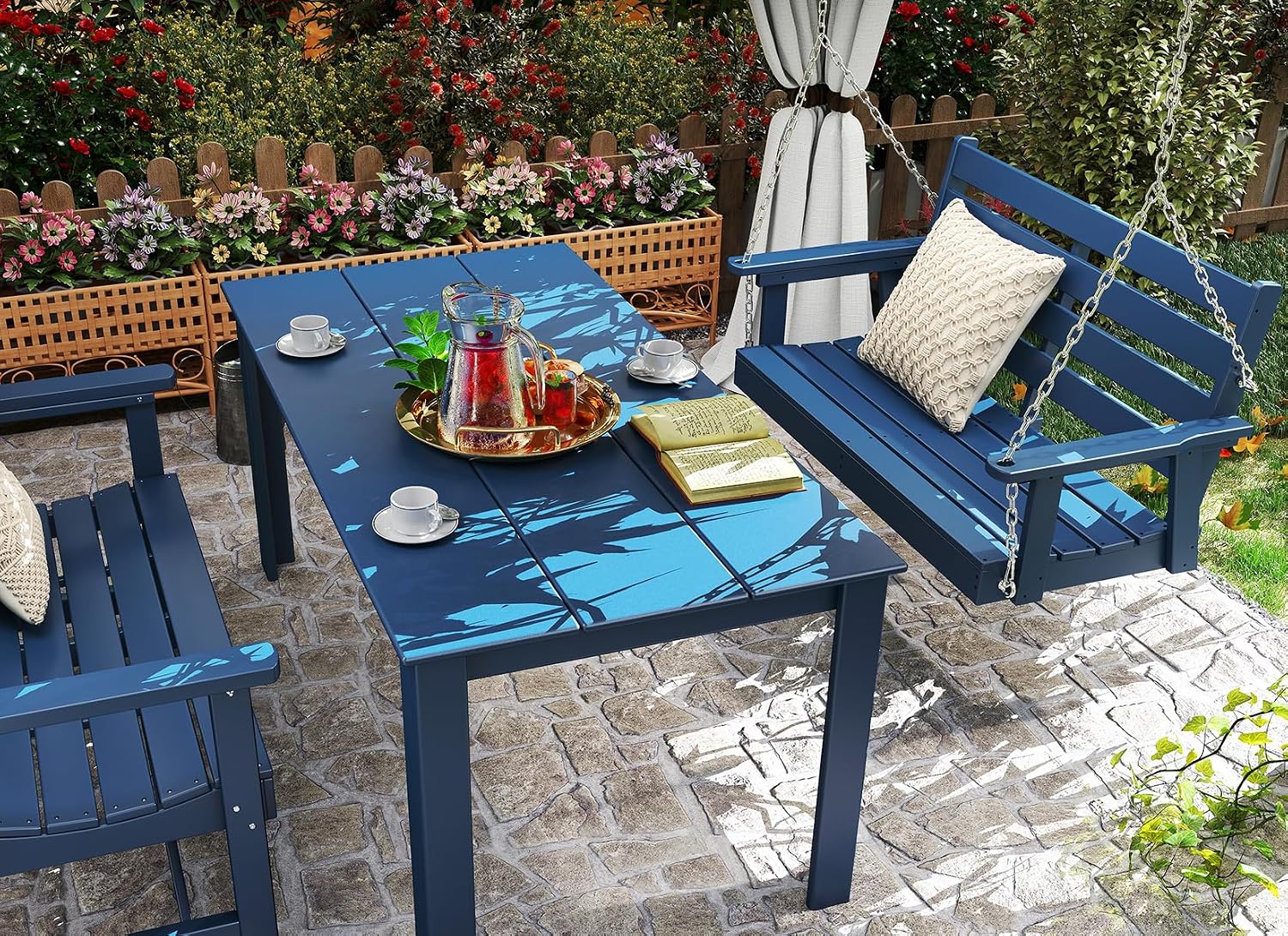 GREENVINES Porch Swing | 51'' | HDPE Plastic | for Outdoor Patio | All Weather | Waterproof Bench Swings | w/ 4 Stainless Steel Chains | Blue