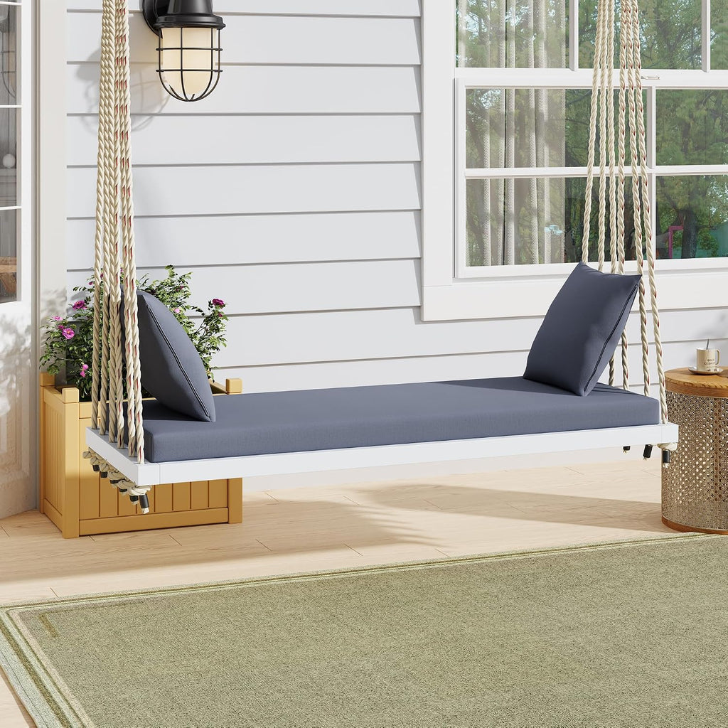 YOPTO Acacia Wood Porch Swing Bench with Cushion & Pillows, 63' Outdoor Hanging Bench for 2 Adults, Rustic Heavy Duty 10.8ft Ropes Swing Daybed for Patio Backyard Garden, White