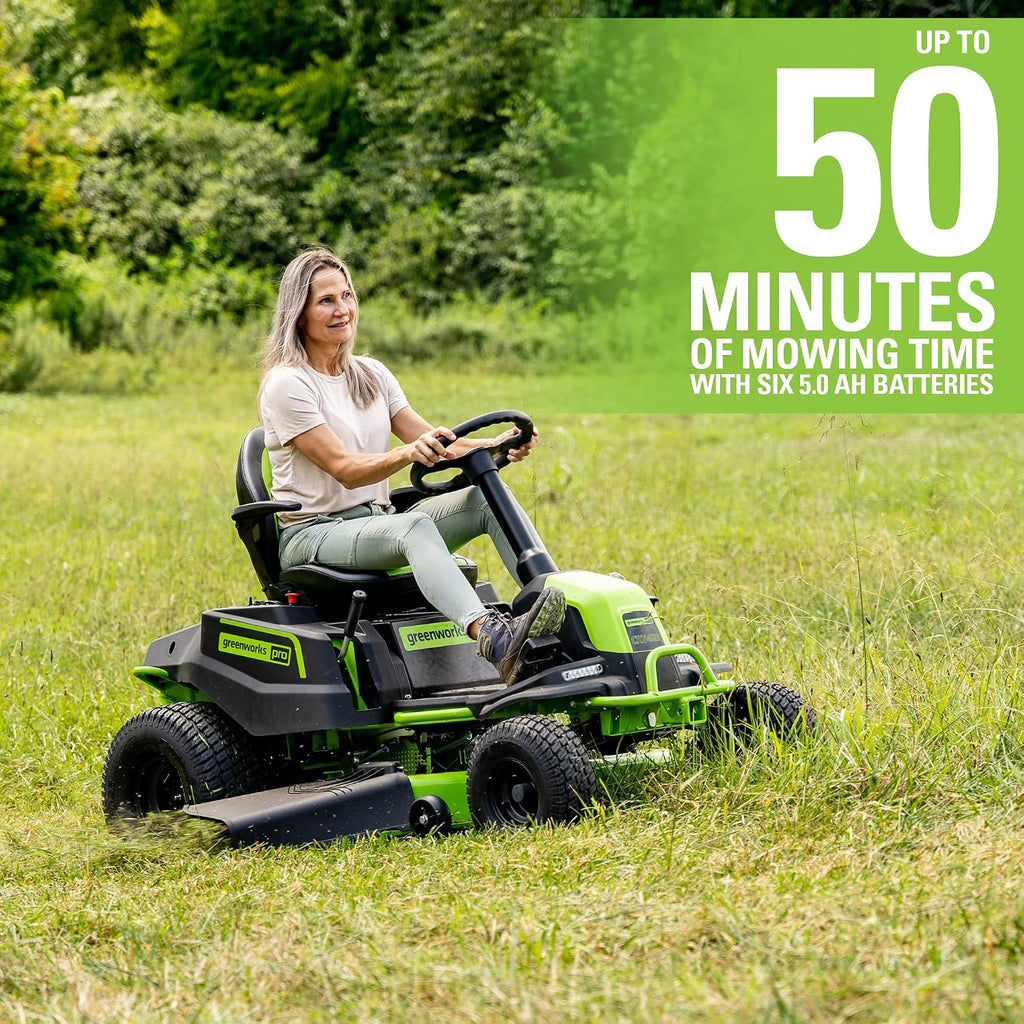 Greenworks PRO 80V 42' Electric Lawn Tractor, Riding Lawn Mower with (6) 5.0Ah Batteries and (3) Dual Port Turbo Chargers Included