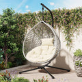 Single Hammock Chair with Stand Durable Hanging Egg Chair with Rattan Weaving, Indoor Outdoor Swing Chairs with Soft Removable Cushion for Balcony, Bedroom, Patio, or Garden, Grey+Beige
