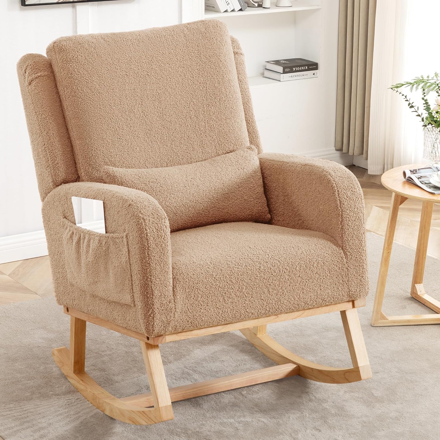 HCHAIRH Rocking Chair Nursery, Boucle Nursing Rocking Chairs, Upholstered Nursery Glider Rocker Wingback Morden Rocking Chair with Lumbar Pillow for Mom Nursery, Living Room, Bedroom, Teddy Khaki