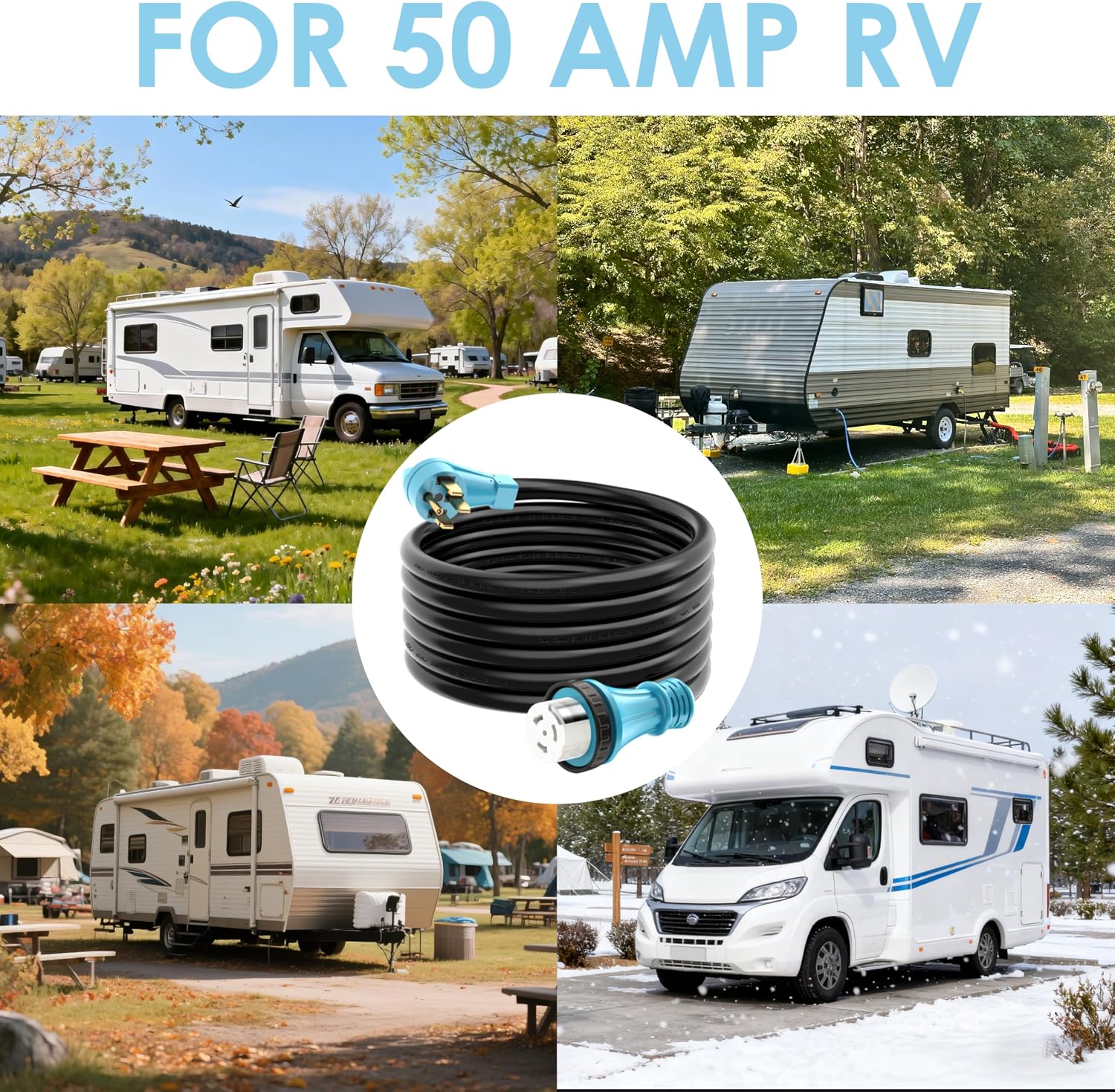 CircleCord UL Listed 50 Amp 50 Feet RV/Generator Cord with Locking Connector, Heavy Duty 6/3+8/1 Gauge STW Wire, 14-50P Male and SS2-50R Twist Locking Female for RV Camper and Generator to House