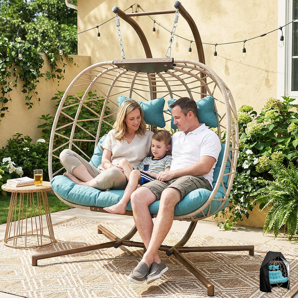 BULEXYARD 2 Seater Patio Egg Chair Swing with Stand and Rain Cover, Extra Large Outdoor Hanging Hammock Loveseat, Oversized Wicker Rattan Chair with Cushion for Balcony Backyard, Light Blue