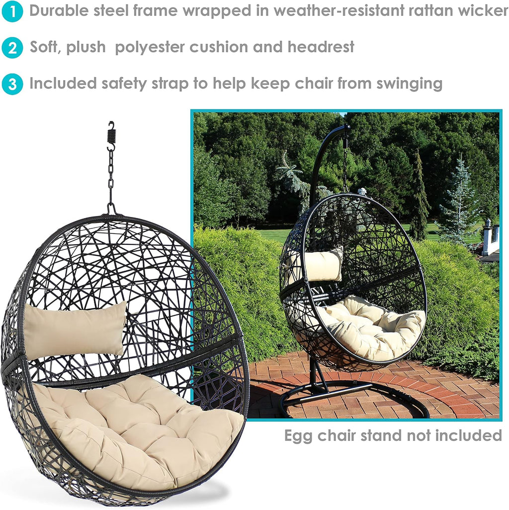 Sunnydaze Jackson Resin Wicker Hanging Egg Chair - 265-Pound Weight Capacity - Removable Cream Polyester Cushions