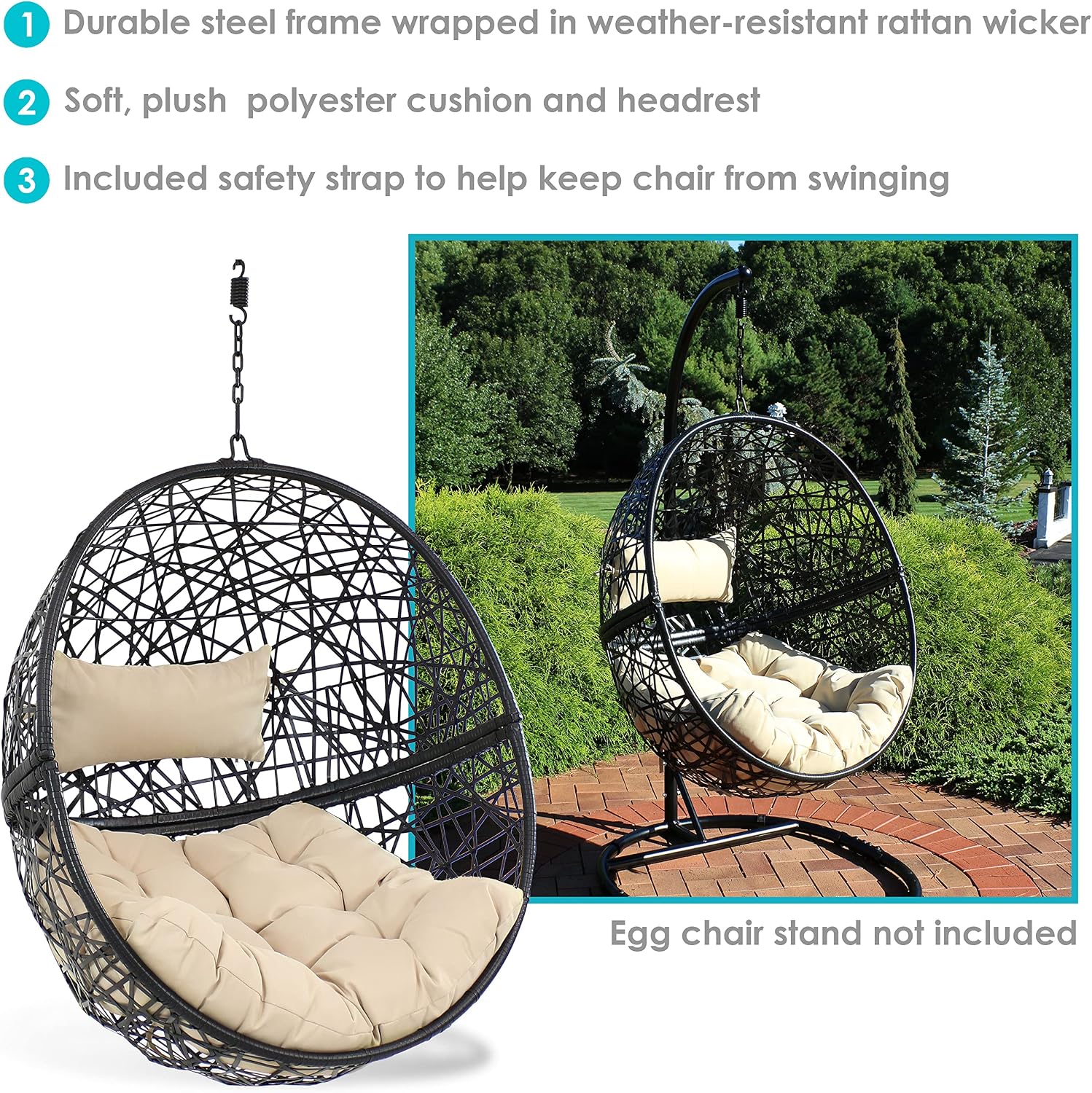 Sunnydaze Jackson Resin Wicker Hanging Egg Chair - 265-Pound Weight Capacity - Removable Cream Polyester Cushions