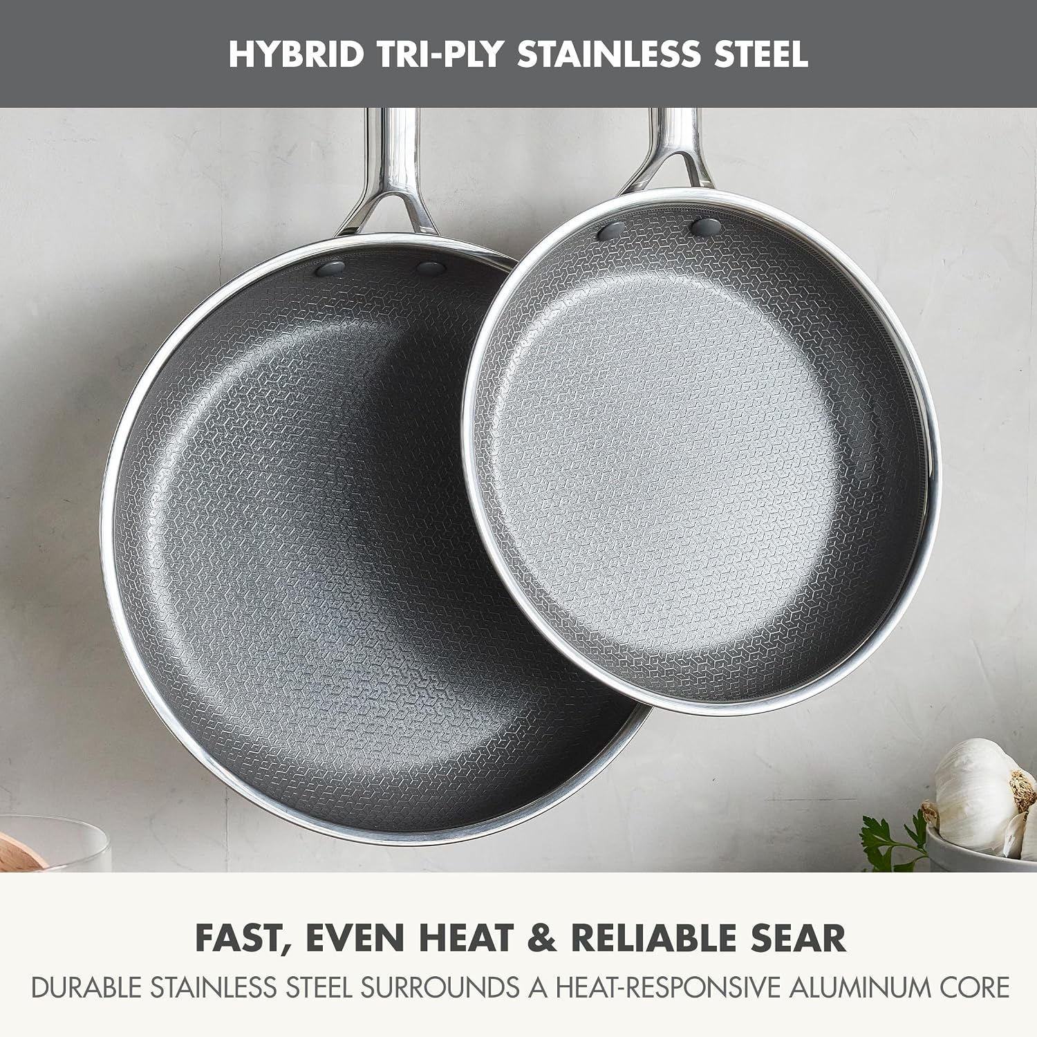 GreenPan Hybrid 9.5' & 11' Nonstick Stainless Steel Frying Pan Set, APEX Tri-Ply Thermobond PFAS-Free Ceramic Skillets, Induction & All Cooktop Compatible, Oven Temp to 850°F, Dishwasher Safe, Silver