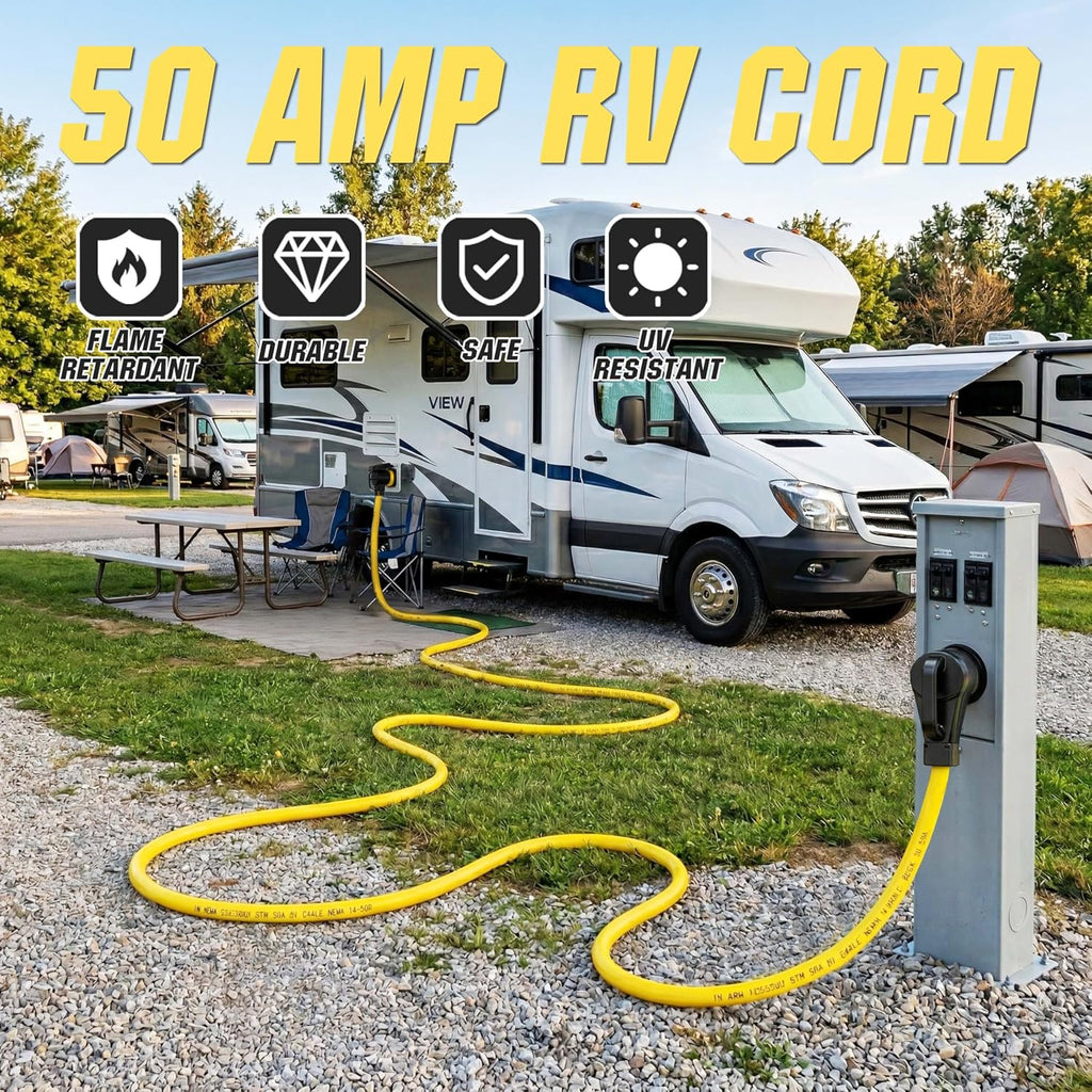 YOMILINK 100 Feet 50 Amp RV/Generator Cord, 100% Copper Wire, NEMA 14-50P to SS2-50R Twist Lock, Newly Designed 90°Grip Handle, 6/3+8/1 Gauge STW Wire