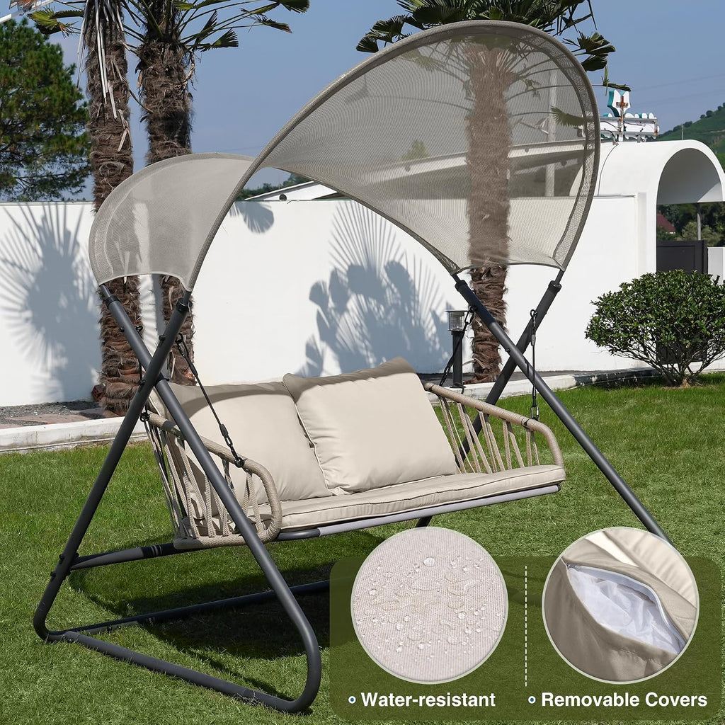 2-Seat Outdoor Porch Swing, Patio Swing with Canopy, Hanging Glider Bench with Thicken Cushions and Pillow, Patio Hammock Lounge Chair for Backyard Porch Garden Deck, Beige