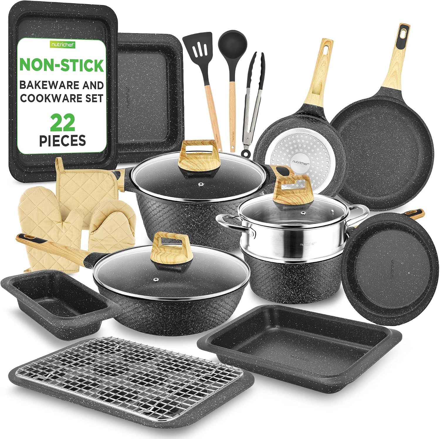 NutriChef 22‑Piece Non‑Stick Ceramic Pots and Pans Set – For All Cooktops Including Induction – PTFE & PFAS Free, Includes Bakeware & Utensils