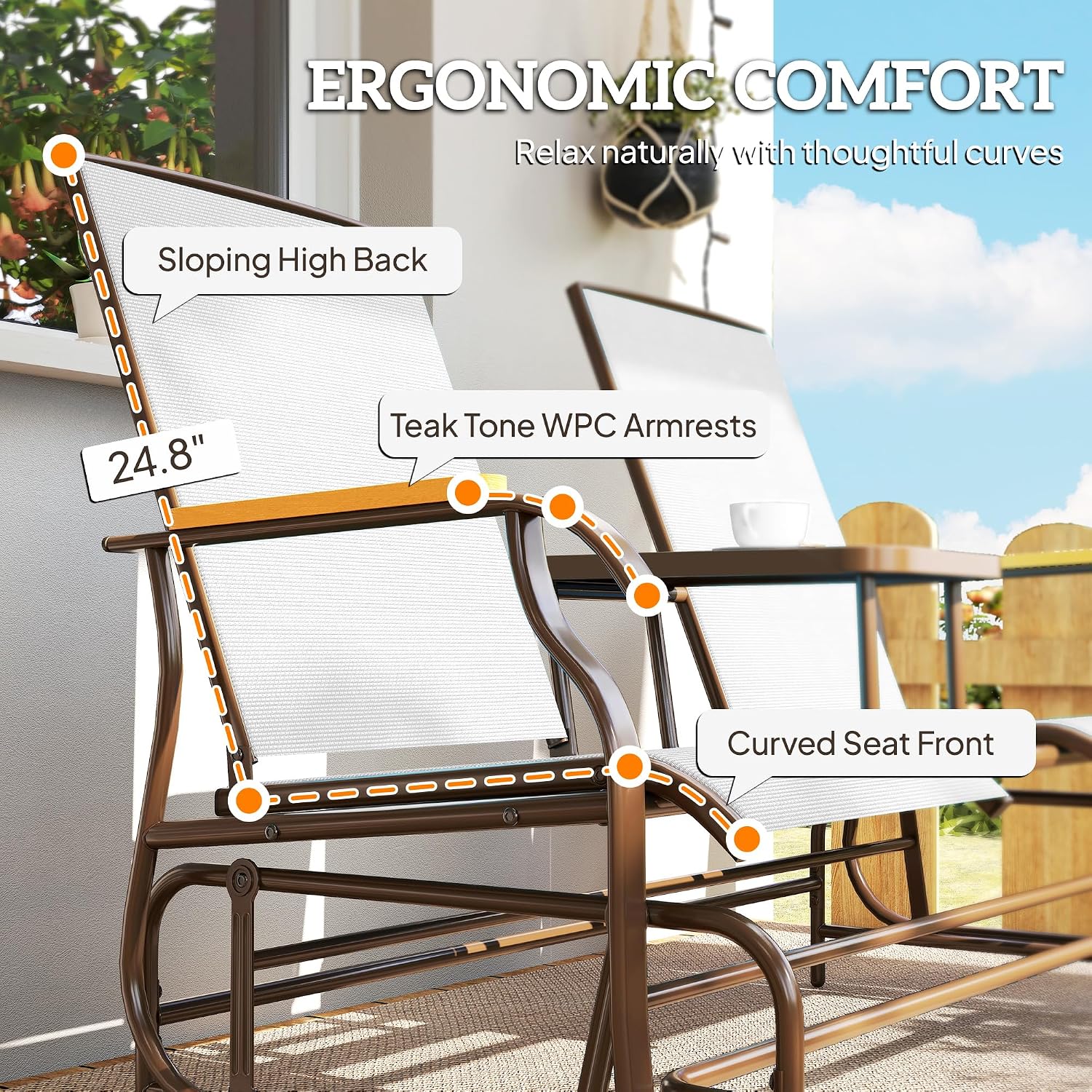 Outsunny 2 Person Outdoor Glider Bench, Patio Swing Glider Chair Loveseat with Breathable Mesh, Table, Steel Frame for Garden, Backyard, Porch, Cream White