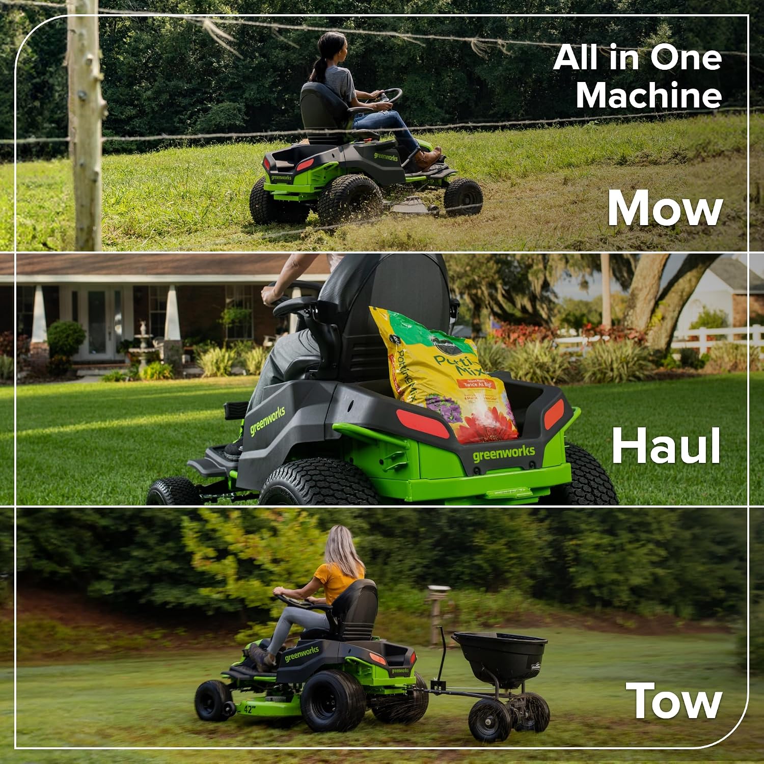 Greenworks 60V 42' CrossoverT Cordless Riding Lawn Tractor, (4) 8.0Ah Batteries and (600W) Plug in Charger
