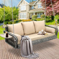 Wicker Porch Swing, 3-Seats Rattan Hanging Swing Chair, Outdoor Patio Grey Rattan Swing Bench with Cushions & Foldable Tray for Patio Backyard Poolside Garden, Khaki
