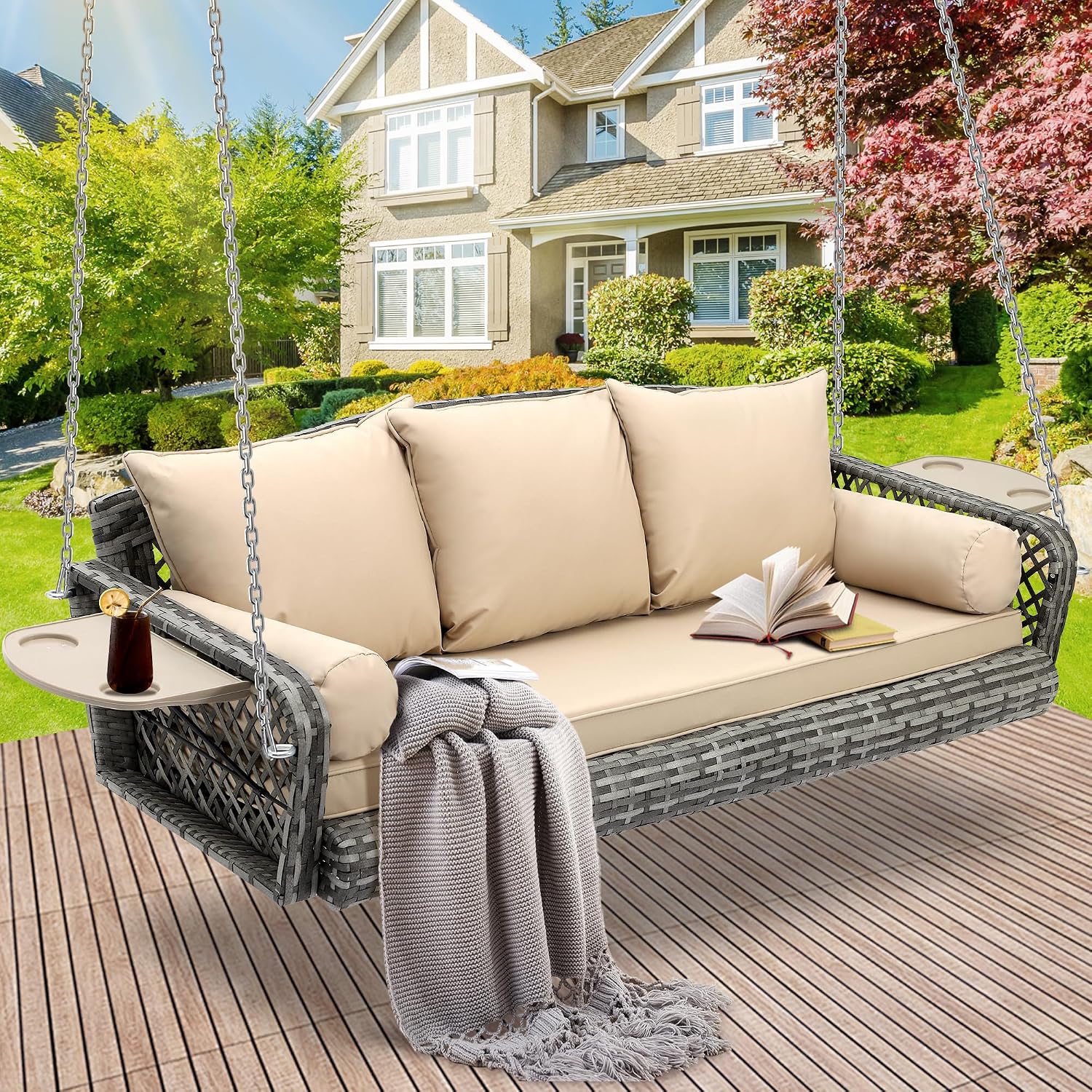 Wicker Porch Swing, 3-Seats Rattan Hanging Swing Chair, Outdoor Patio Grey Rattan Swing Bench with Cushions & Foldable Tray for Patio Backyard Poolside Garden, Khaki