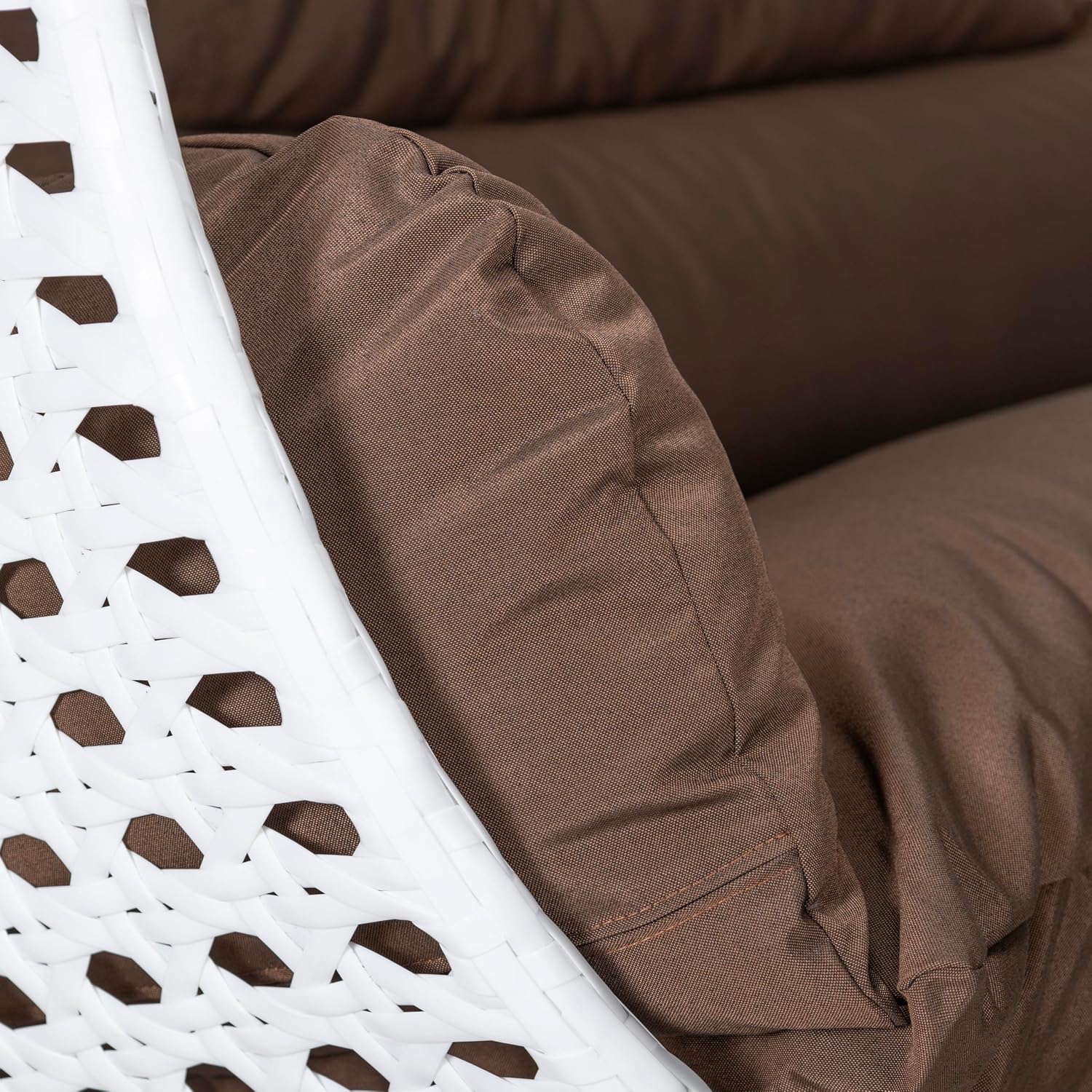 LeisureMod 2 Person Hanging Egg Chair, Indoor Outdoor Patio Lounge Swing with White Stand & UV-Resistant Cushions, Hammock Chair for Bedroom & Garden, Brown