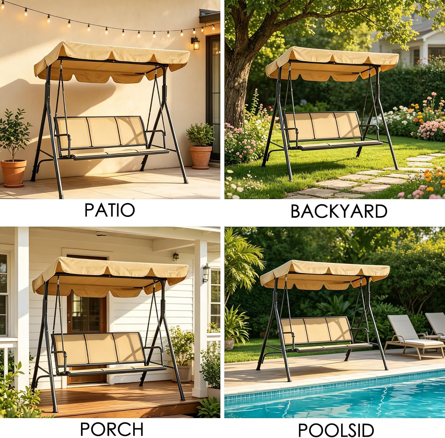 Kozyard 3-Person Outdoor Canopy Porch Swing Chair, Breathable Textilene Armrest Seat, Adjustable Shade, Heavy-Duty Powder-Coated Steel Frame Swing for Patio, Backyard, Poolside & Balcony, Beige