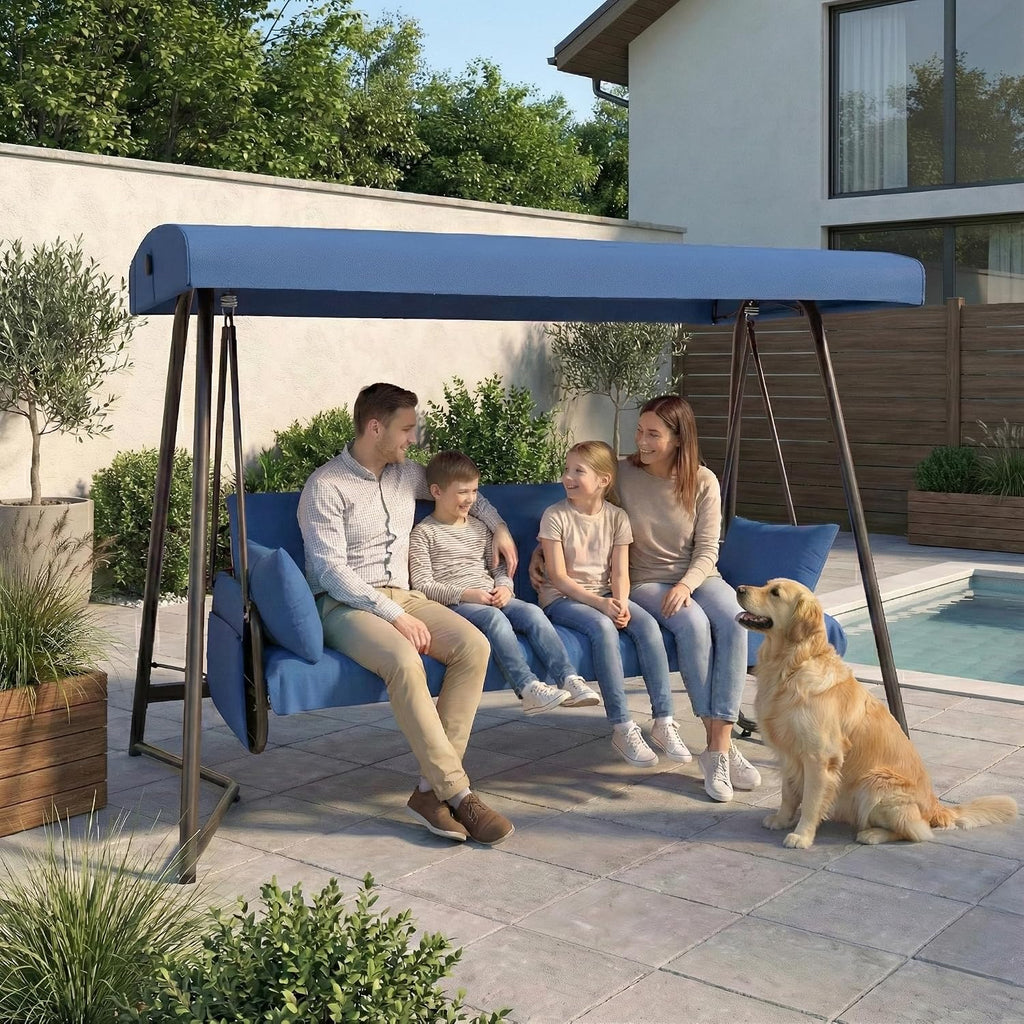 3-4 Seat Oversized Outdoor Porch Swing with Adjustable Backrest Canopy,2-in 1 Swing Bed with Stand 800 lbs Capacity,Patio Swing Chair with Removable Cushions for Yard Garden Poolside Balcony