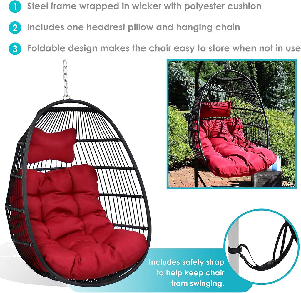 Sunnydaze Julia Hanging Egg Chair - Black Polyethylene Wicker Frame with Red Polyester Cushions - 44 Inches Tall