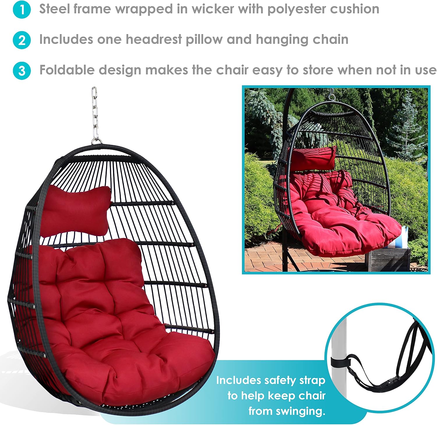 Sunnydaze Julia Hanging Egg Chair - Black Polyethylene Wicker Frame with Red Polyester Cushions - 44 Inches Tall