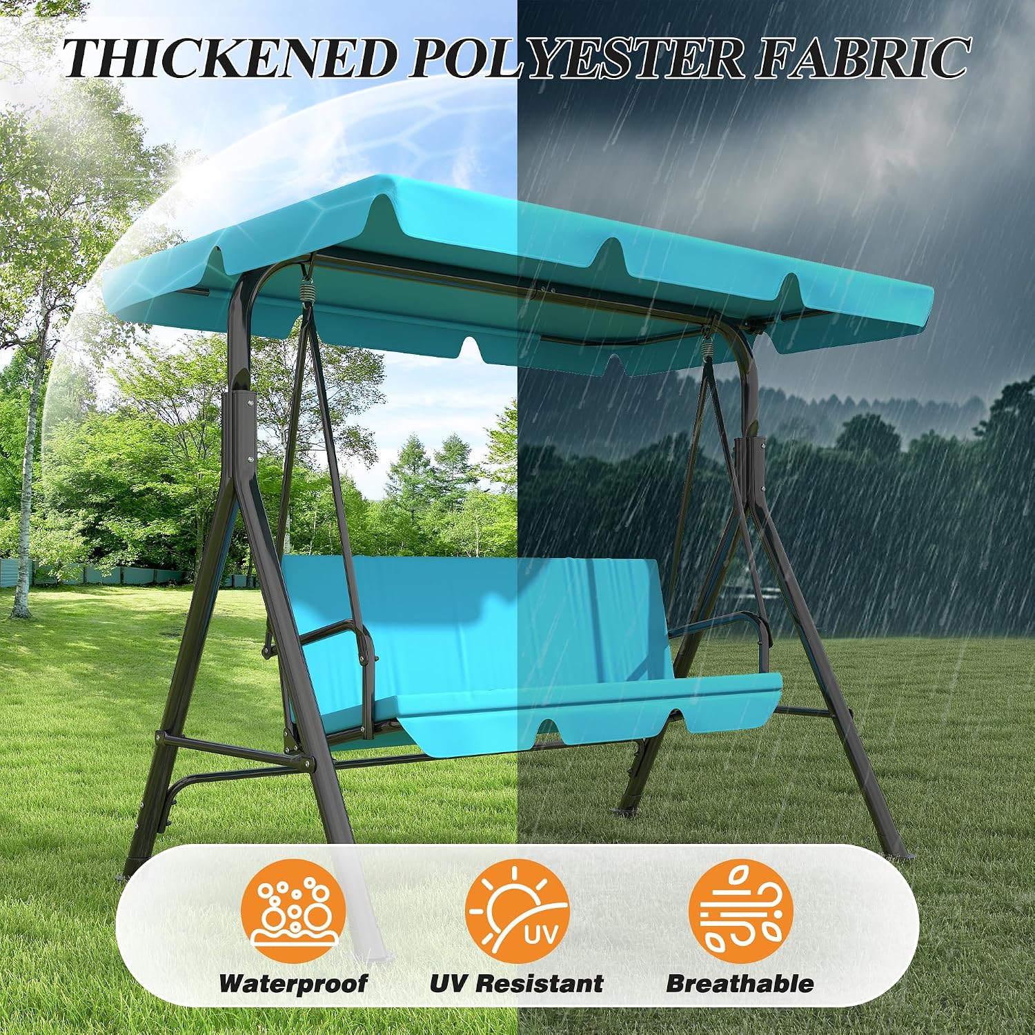GARTOO 3-Seat Patio Swing Chair, Outdoor Porch Swing with Adjustable Canopy and Durable Steel Frame for Patio, Garden, Poolside(Turquoise)