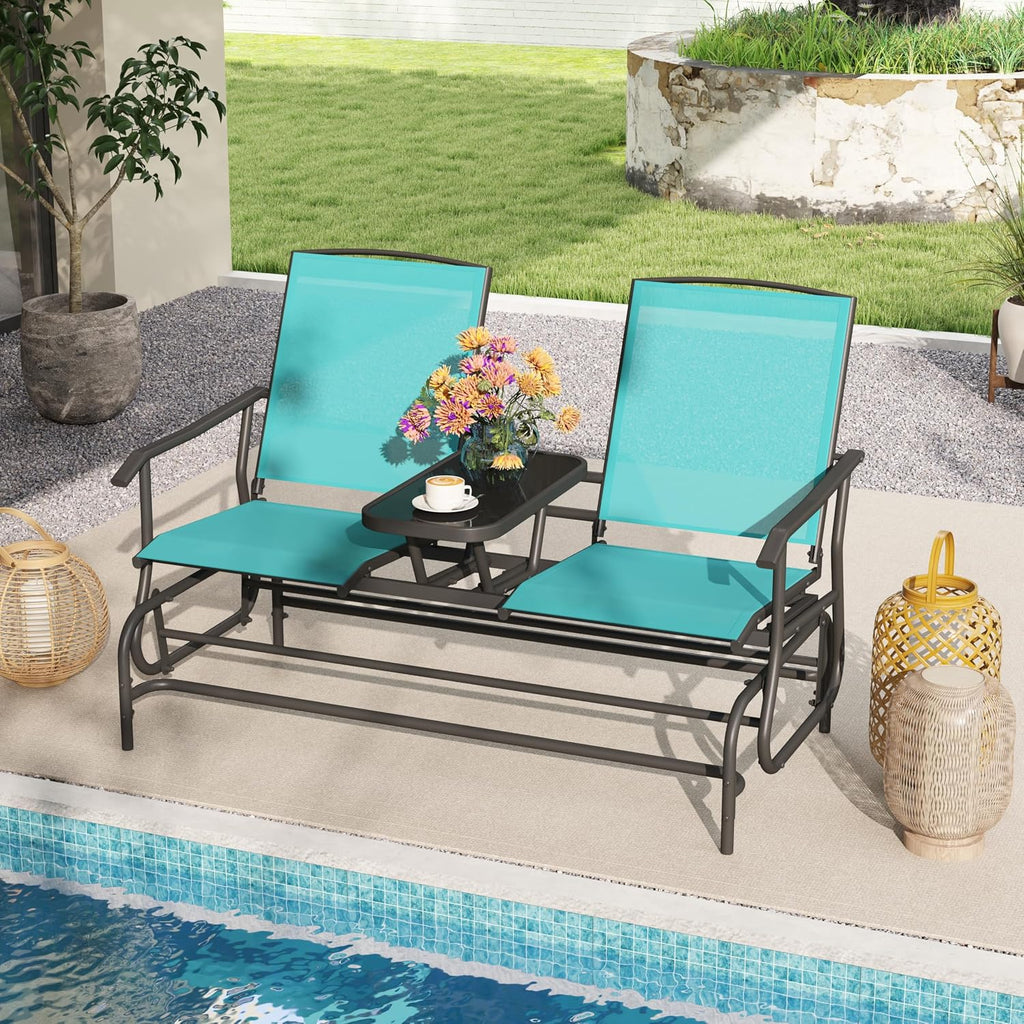 Tangkula 2 Person Swing Glider Chair, Patio Rocking Loveseat w/Center Tempered Glass Table, Outdoor Swing Bench w/Steel Frame & Breathable Mesh Fabric for Porch, Balcony, Poolside (Turquoise)