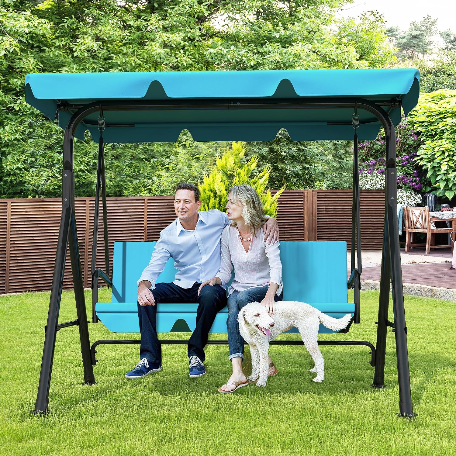 GARTOO 3-Seat Patio Swing Chair, Outdoor Porch Swing with Adjustable Canopy and Durable Steel Frame for Patio, Garden, Poolside(Turquoise)