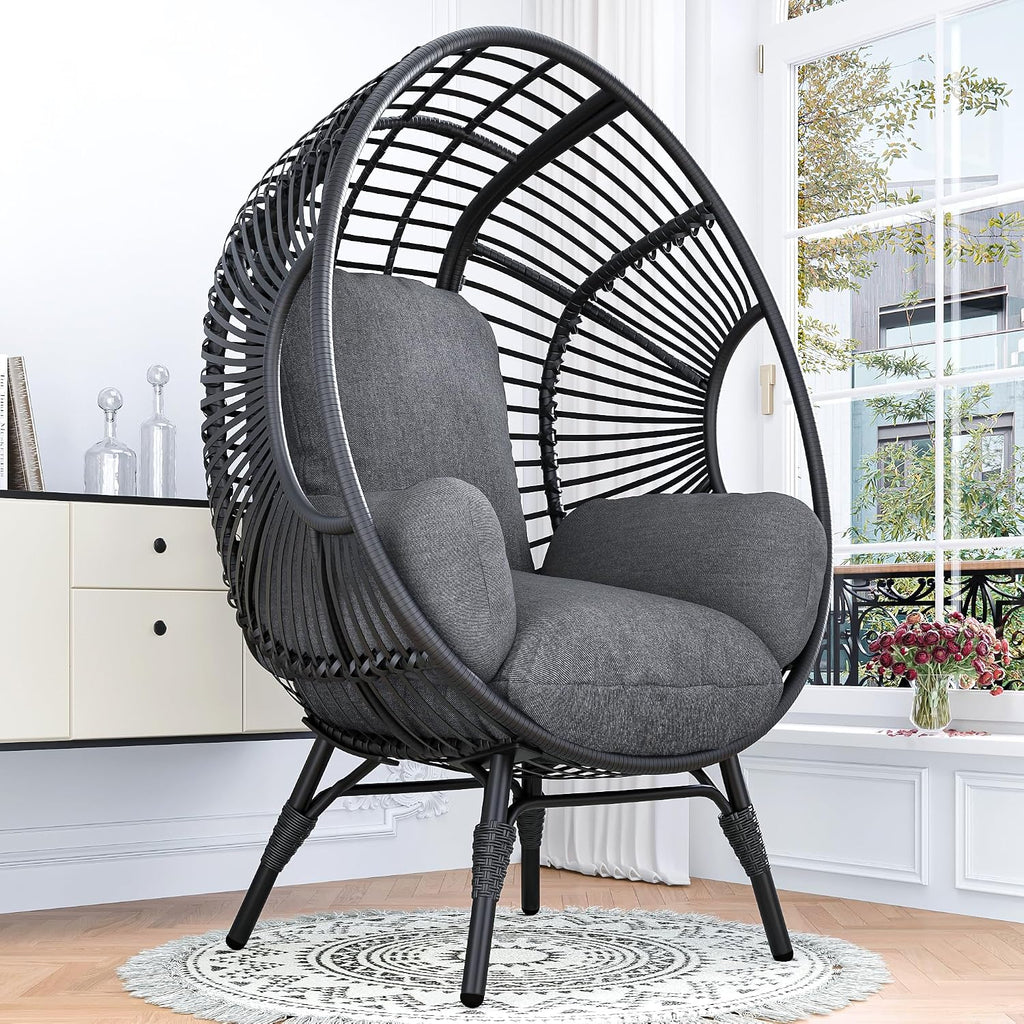 Oversized Wicker Egg Chair, Outdoor Indoor Rattan Patio Egg Lounge Chairs with Cushion 500lbs Capacity for Living Room, Balcony, Backyard(Black)