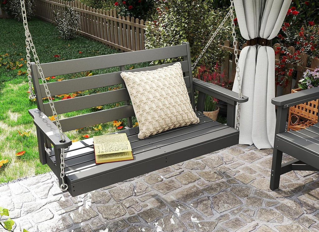 GREENVINES Porch Swing | 51'' | HDPE Plastic | for Outdoor Patio | All Weather | Waterproof Bench Swings | w/ 4 Stainless Steel Chains | Grey