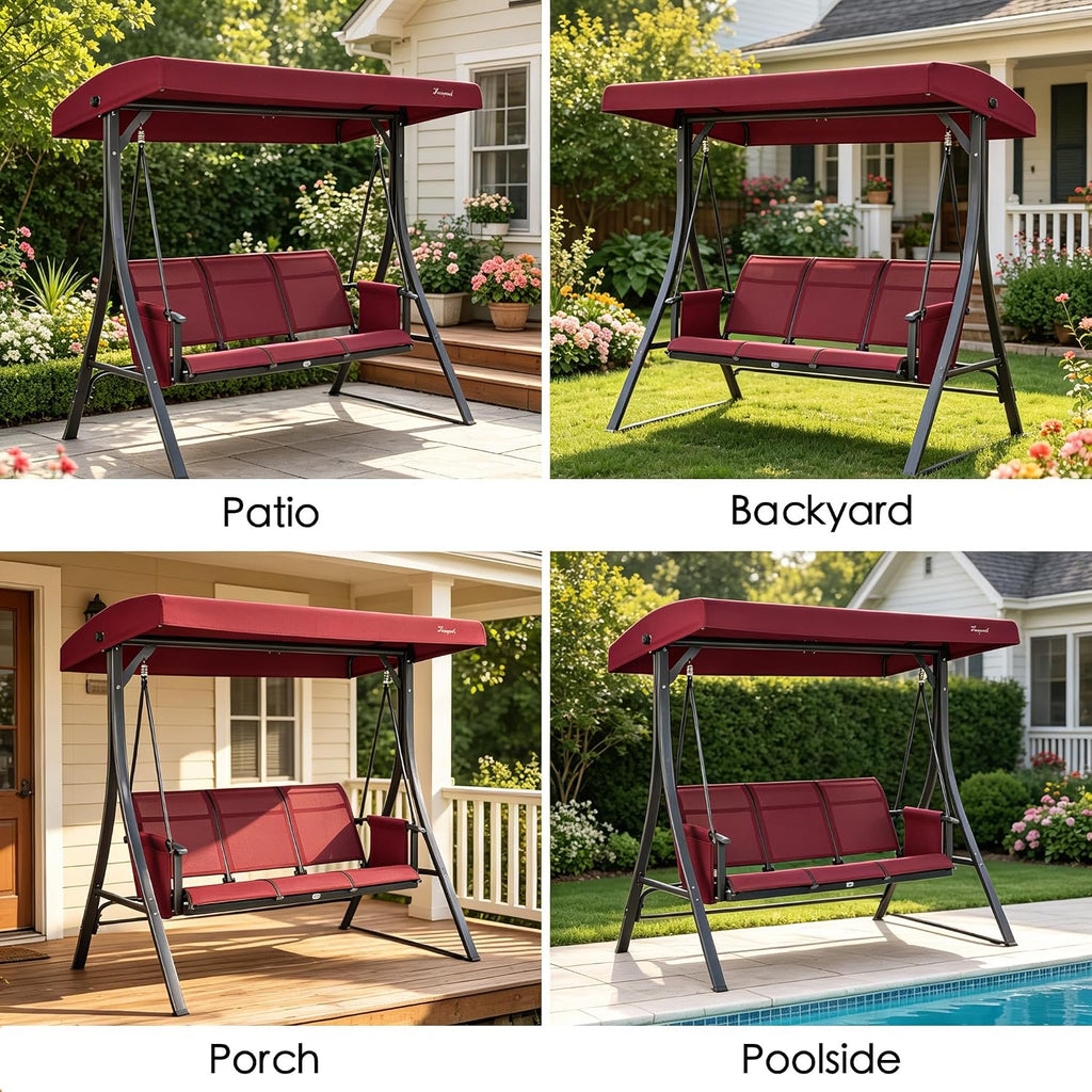 Kozyard Brenda 3-Seat Outdoor Porch Swing Glider, Patio Swing with Adjustable Canopy, Steel Frame, Breathable Textilene Seat & Back, Side Pockets (Burgundy)