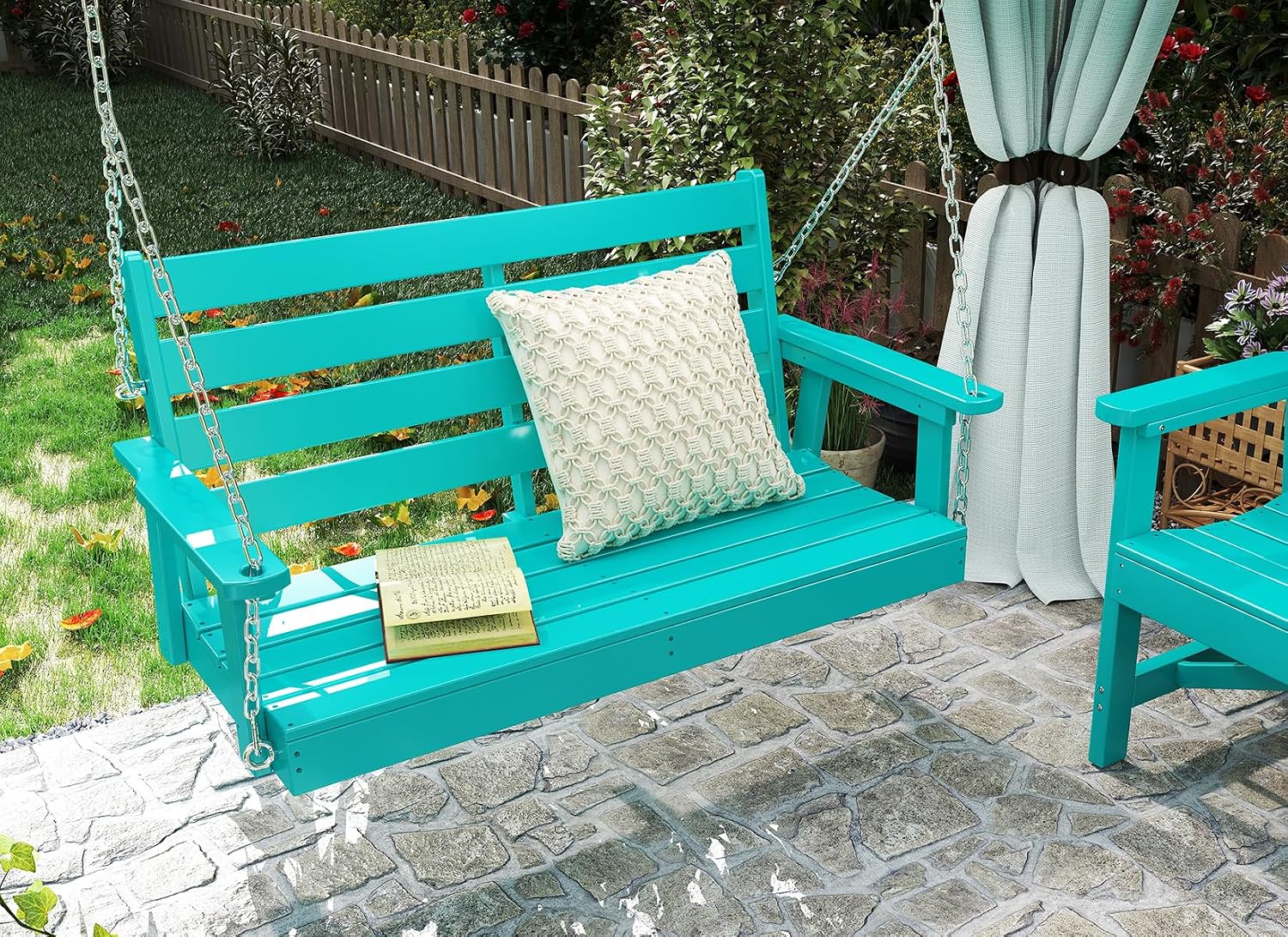 GREENVINES Porch Swing | 51'' | HDPE Plastic | for Outdoor Patio | All Weather | Waterproof Bench Swings | w/ 4 Stainless Steel Chains | Aqua