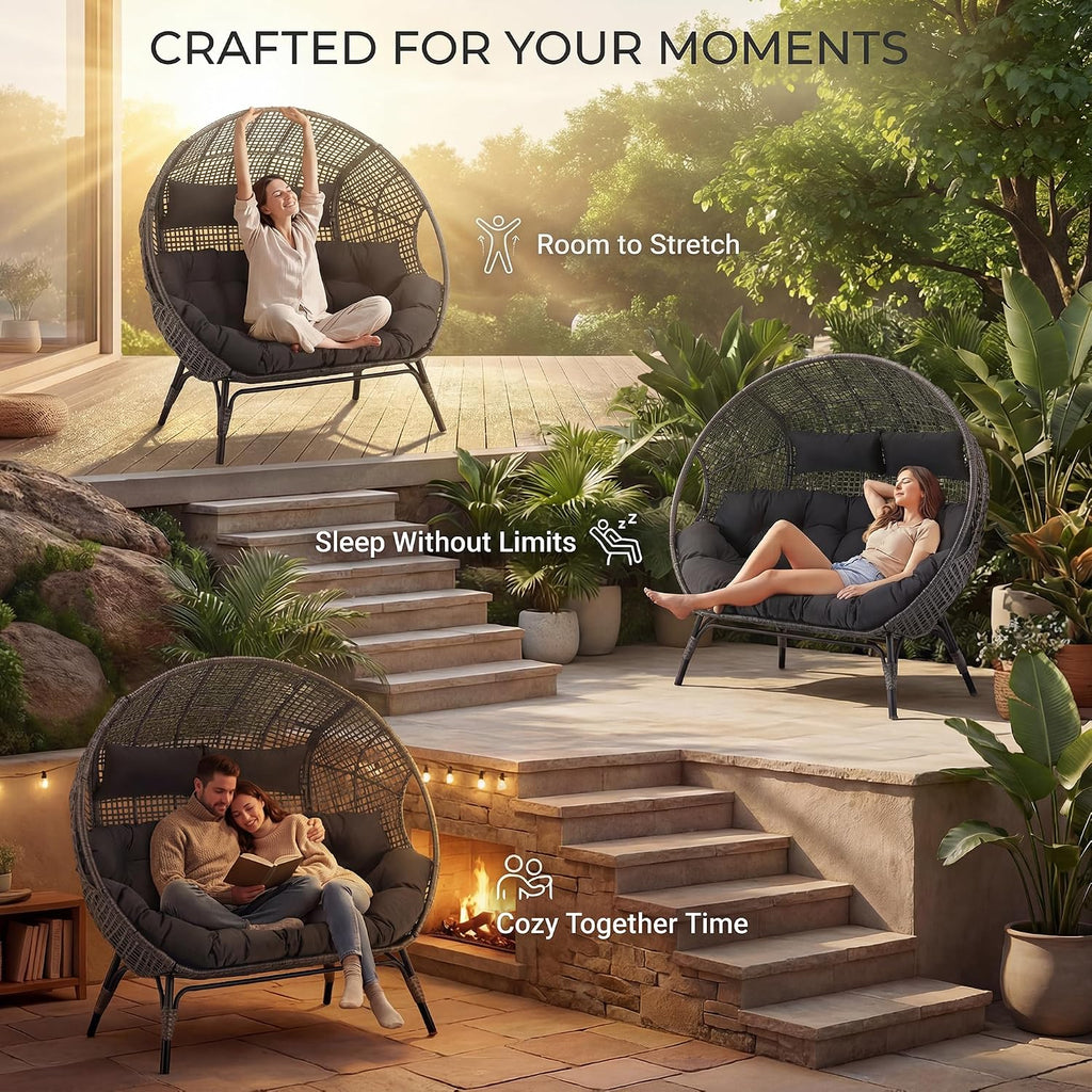 NICESOUL Stationary Egg Chair Indoor Outdoor Wicker Oversized Thick Cushions Egg Shaped Loveseat Chair, Egg Basket Lounge Chair with Ottoman Footrest for Patio Balcony Porch Bedroom Gray