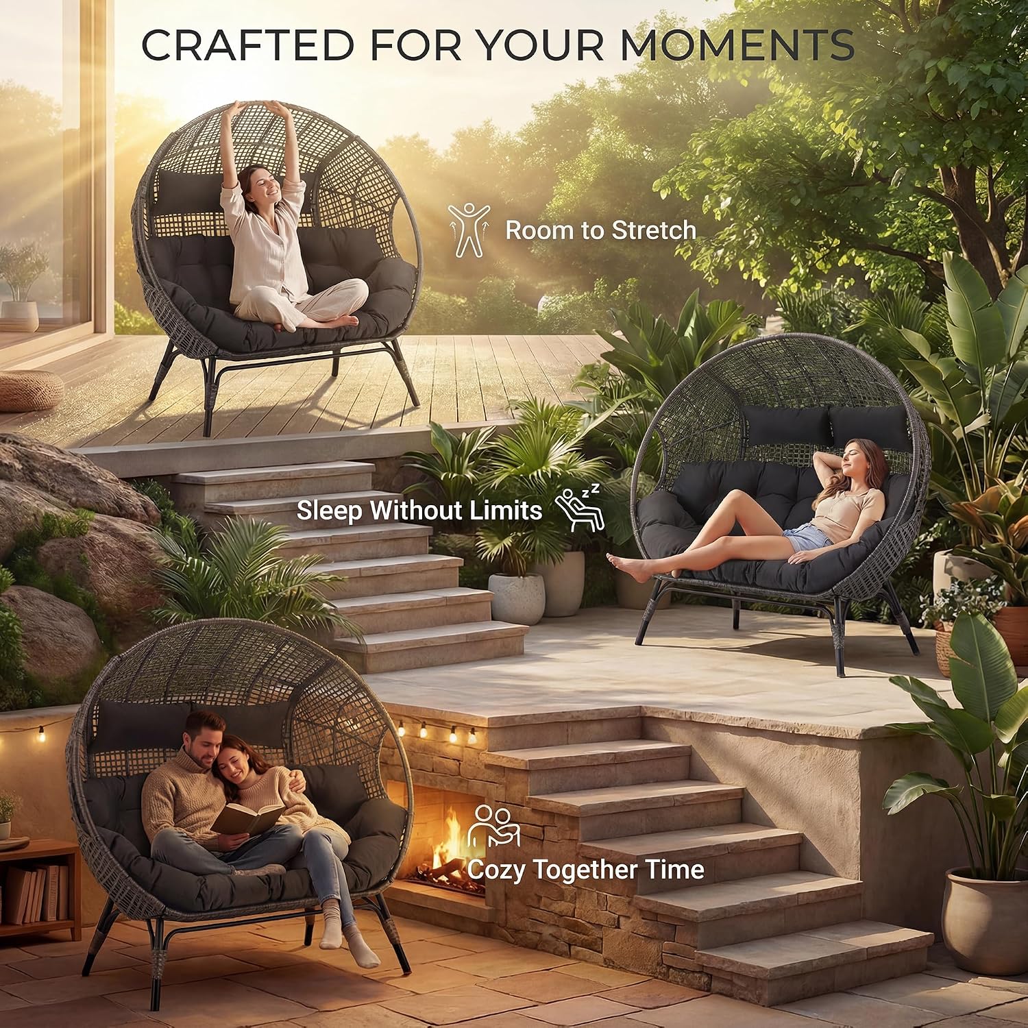 NICESOUL Stationary Egg Chair Indoor Outdoor Wicker Oversized Thick Cushions Egg Shaped Loveseat Chair, Egg Basket Lounge Chair with Ottoman Footrest for Patio Balcony Porch Bedroom Gray