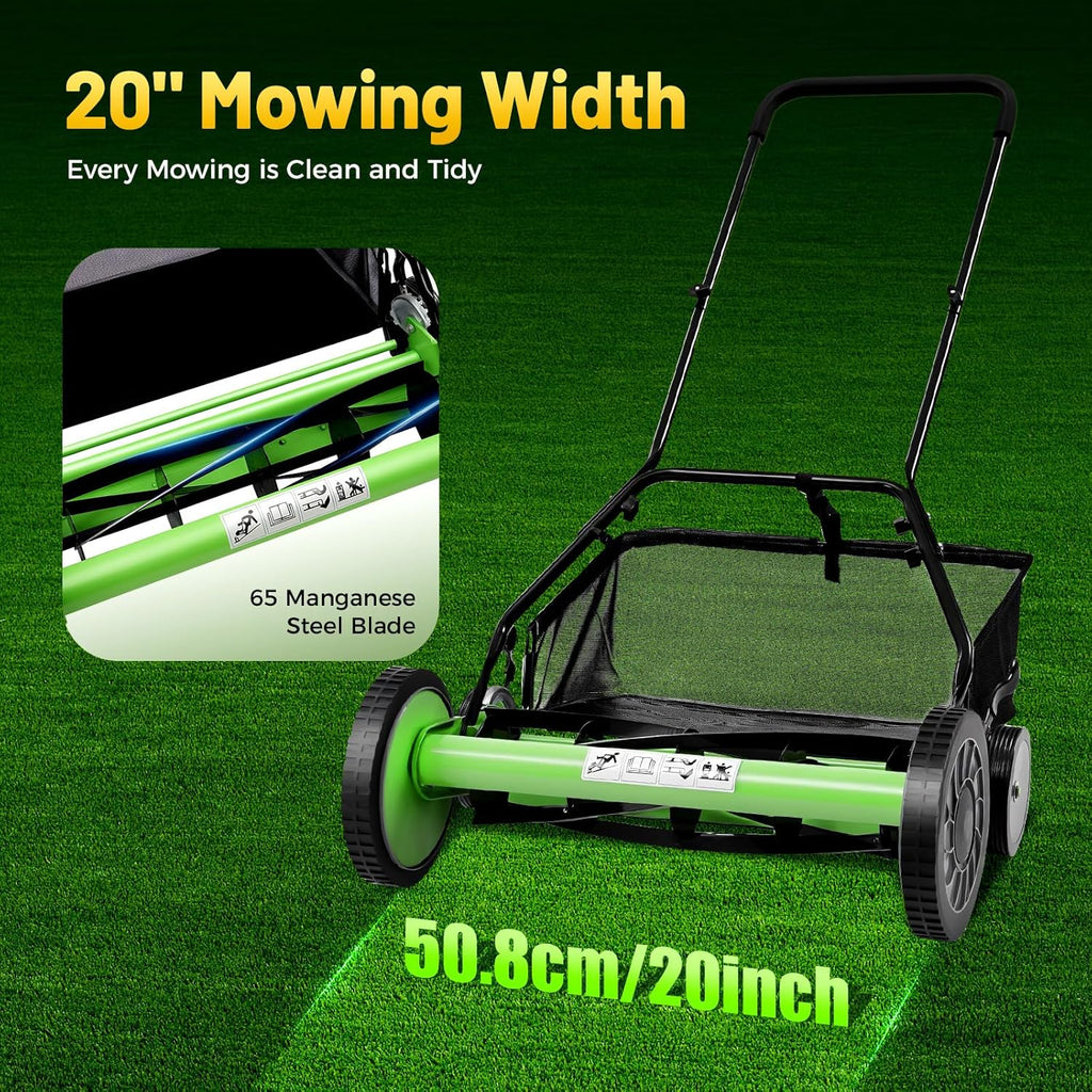 20 Inch 5-Blade Push Reel Lawn Mower, Cordless Manual Lawn Mower with Grass Catcher, Adjustable Cutting Height, Walk-Behind Lawn Mowers for Yard, Garden