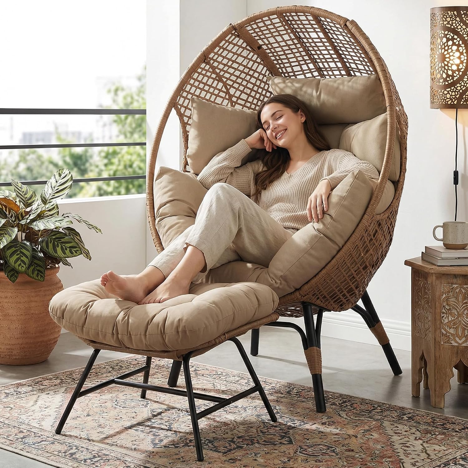NICESOUL Indoor Outdoor Stationary Wicker Egg Chair w/Footrest, Extra Large Egg-Seat w/Cushion, 440lbs Egg-Shape Lounge Chair with Legs, Cozy Boho Rattan Chair for Patio, Balcony, Sunroom, Brown