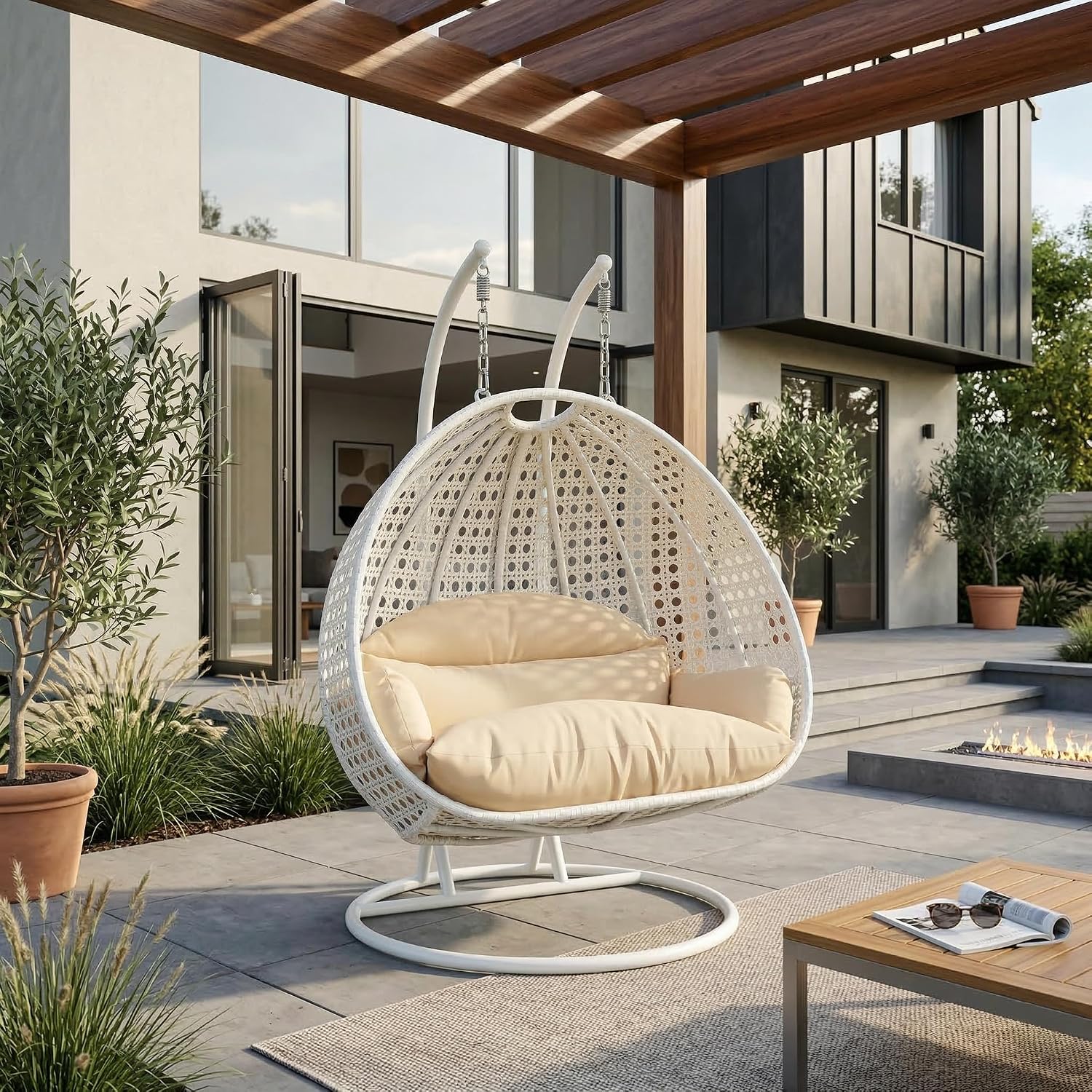 LeisureMod 2 Person Wicker Egg Chair Outdoor Indoor Bedroom Patio Hanging Lounge Swing Hammock Chairs with White Stand and UV Resistant Cushions (Cream)