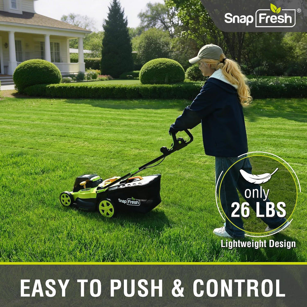 SnapFresh 40V 17' Brushless Lawn Mower – 2 x 5.0Ah Batteries Electric Cordless Push Mower with Fast Charger, 6-Level Height Adjustment, 45L Grass Bag, Lightweight Battery Powered Mower