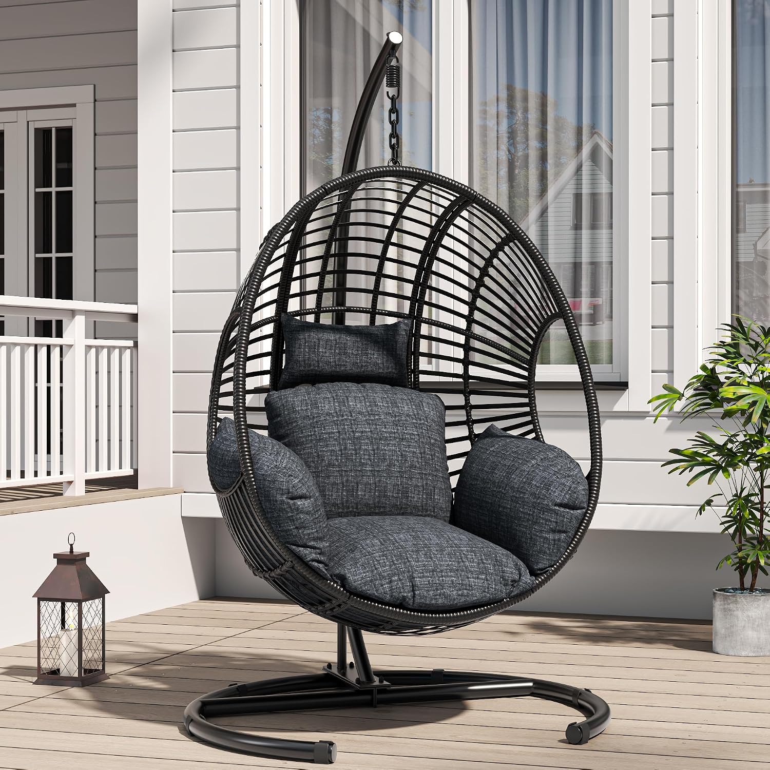 KEIKI Hanging Egg Chair with Stand Outdoor, 400LBS Capacity Patio Swing Chair with Cushion, Weatherproof PE Rattan Hammock Chair for Bedroom Balcony Garden, Waterproof Cover Included, Grey
