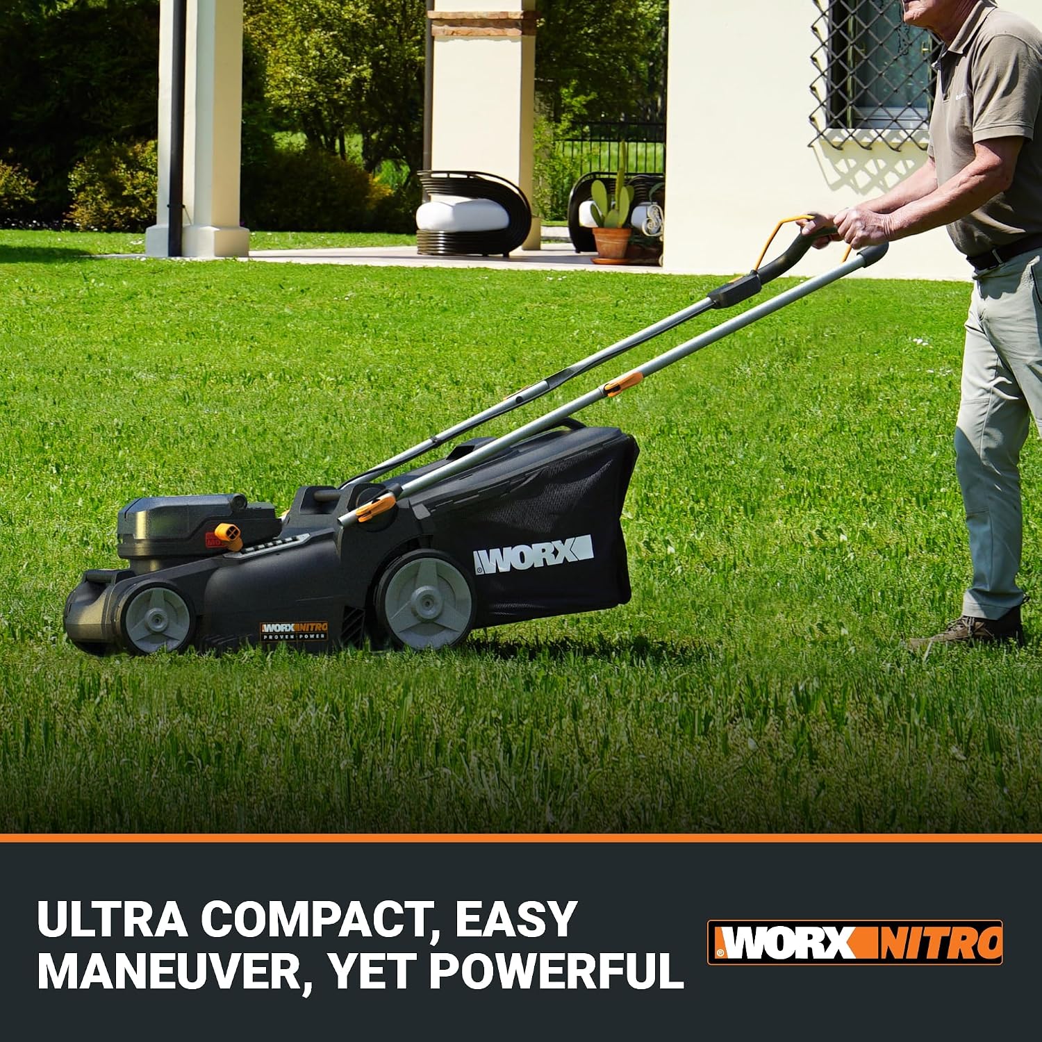WORX Nitro 16' Cordless Lawn Mower, 2 in 1 Electric Mower with with Brushless Motor, Lightweight Push Lawn Mower for 1/4 Acre, 2 Batteries & Charger Included, WG737