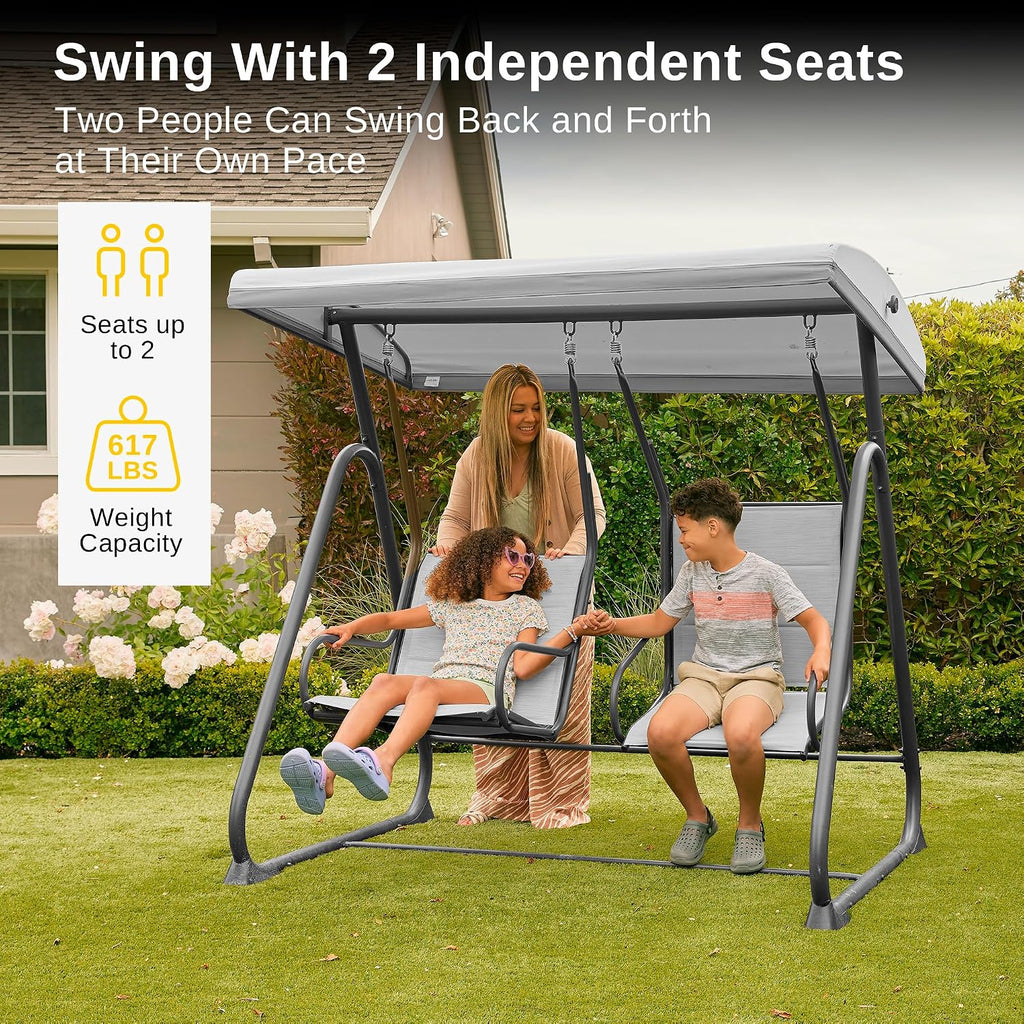 East Oak 2-Person Outdoor Patio Swing Chair with Adjustable Canopy, Porch Swing with Comfortable and Breathable Seats, Independent Swing Chairs for Garden, Balcony, Backyard, Charcoal Black