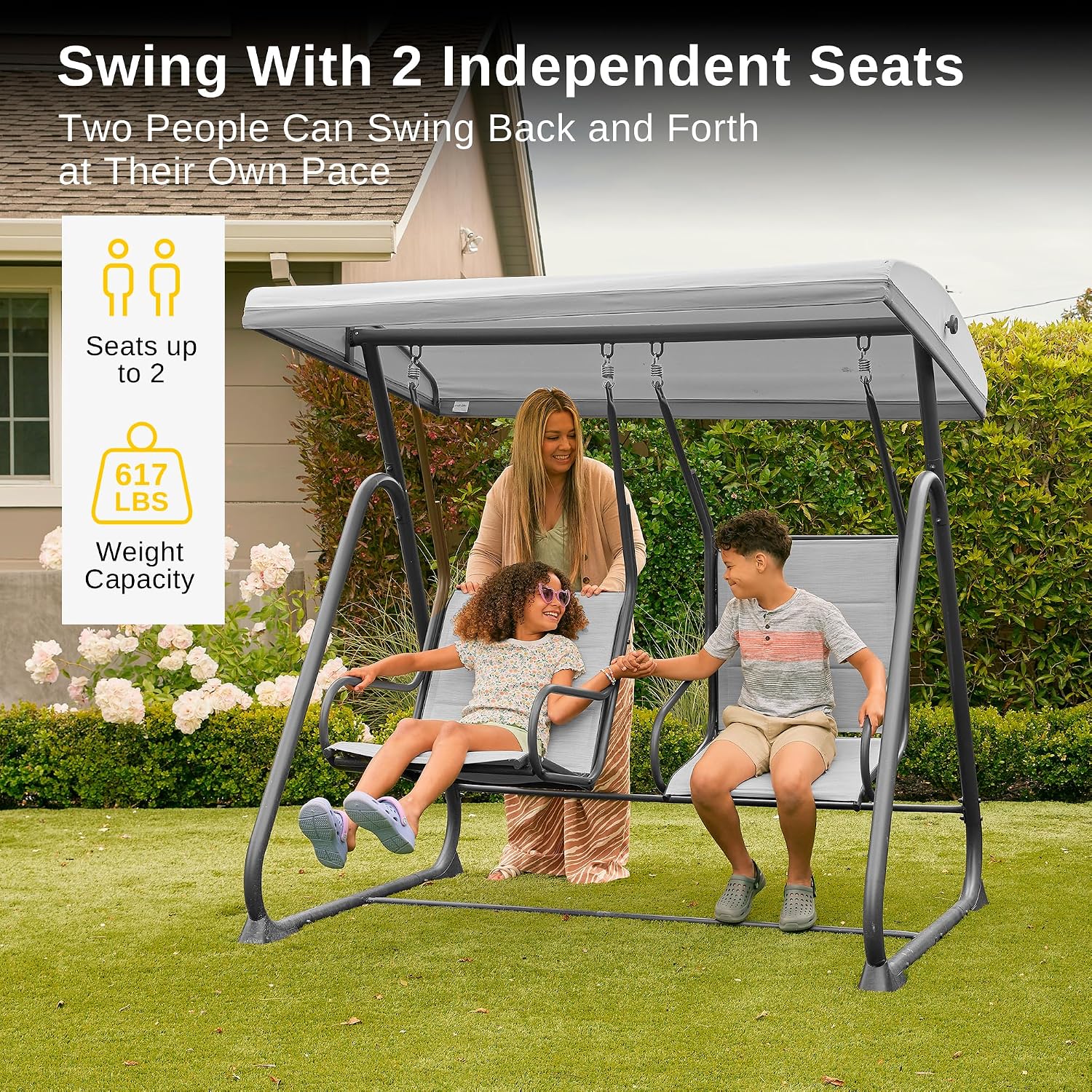 East Oak 2-Person Outdoor Patio Swing Chair with Adjustable Canopy, Porch Swing with Comfortable and Breathable Seats, Independent Swing Chairs for Garden, Balcony, Backyard, Charcoal Black
