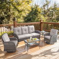 5 Piece Patio Furniture Set - Wicker Patio Conversation Set with Swivel Glider, 3 Seat Sofa, Tempered Glass Side Table and Coffee Table for Deck Backyard - Brown Wicker Beige Cushion