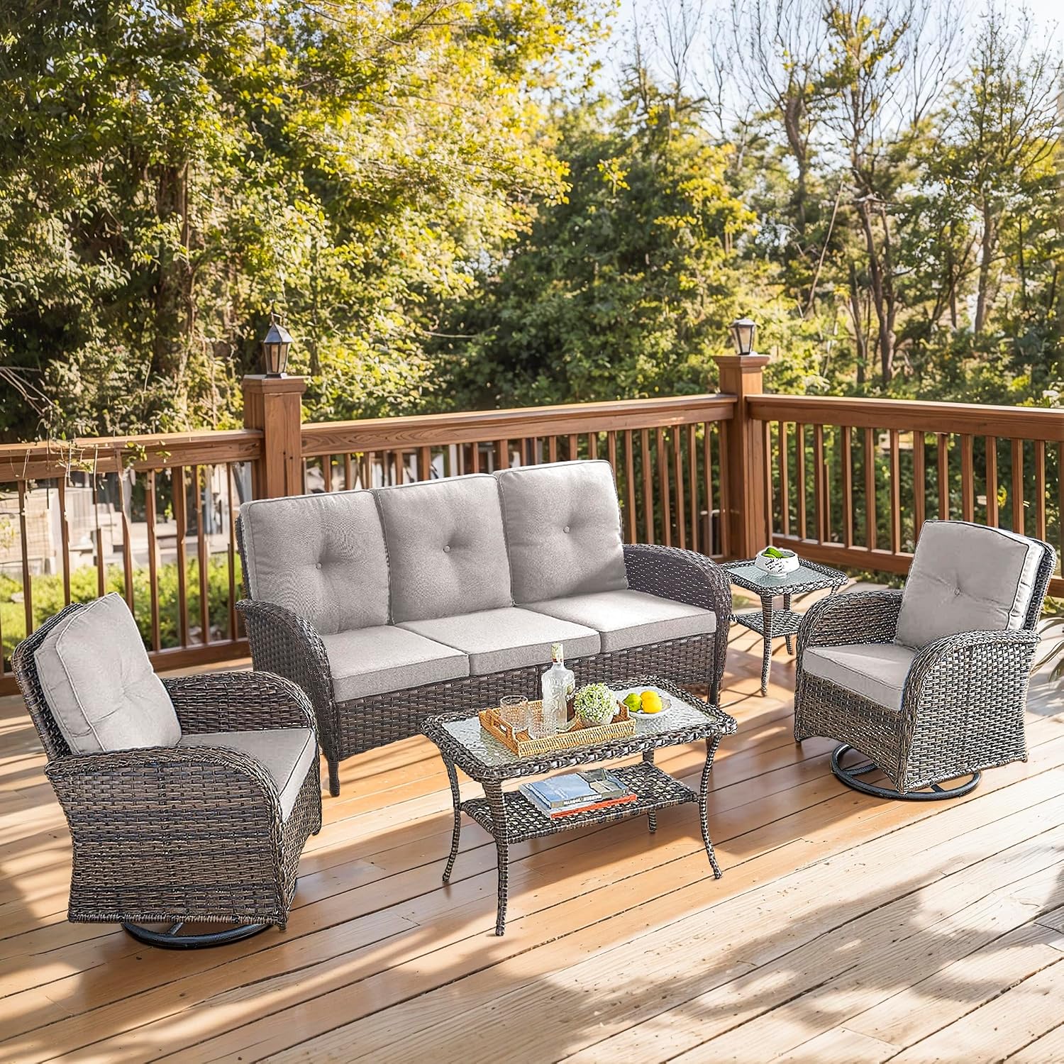 5 Piece Patio Furniture Set - Wicker Patio Conversation Set with Swivel Glider, 3 Seat Sofa, Tempered Glass Side Table and Coffee Table for Deck Backyard - Brown Wicker Beige Cushion