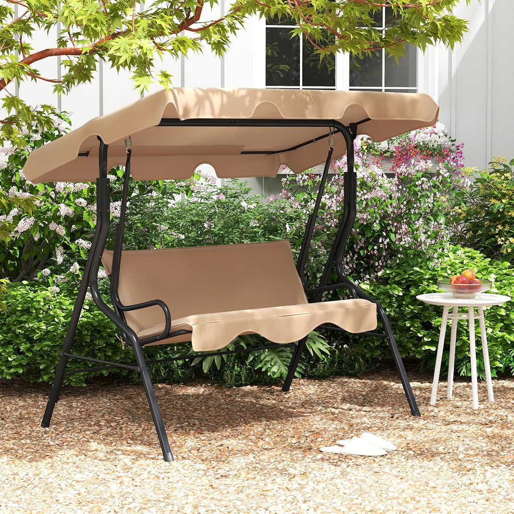 Tangkula 3 Person Porch Swing, Patio Swing with Removable Cushion & Powder-Coated Steel Frame, Outdoor Swing with Canopy for Porch, Backyard, Garden, Balcony (Beige)
