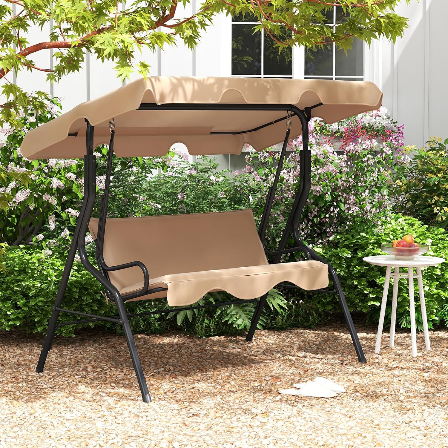 Tangkula 3 Person Porch Swing, Patio Swing with Removable Cushion & Powder-Coated Steel Frame, Outdoor Swing with Canopy for Porch, Backyard, Garden, Balcony (Beige)