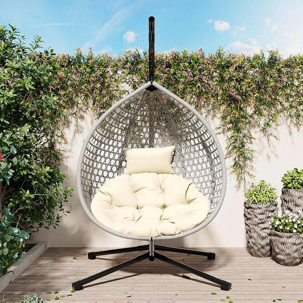 Single Hammock Chair with Stand Durable Hanging Egg Chair with Rattan Weaving, Indoor Outdoor Swing Chairs with Soft Removable Cushion for Balcony, Bedroom, Patio, or Garden, Grey+Beige