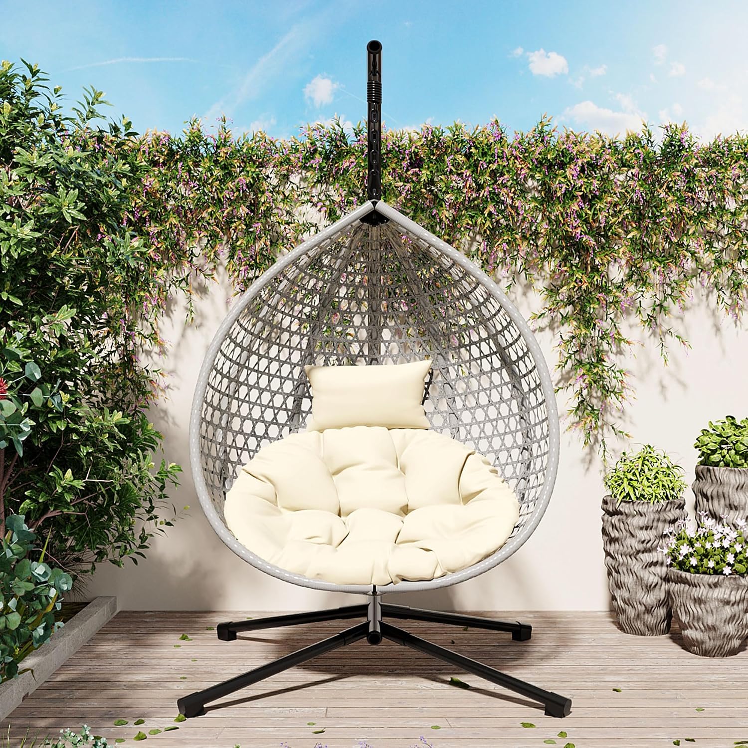 Single Hammock Chair with Stand Durable Hanging Egg Chair with Rattan Weaving, Indoor Outdoor Swing Chairs with Soft Removable Cushion for Balcony, Bedroom, Patio, or Garden, Grey+Beige