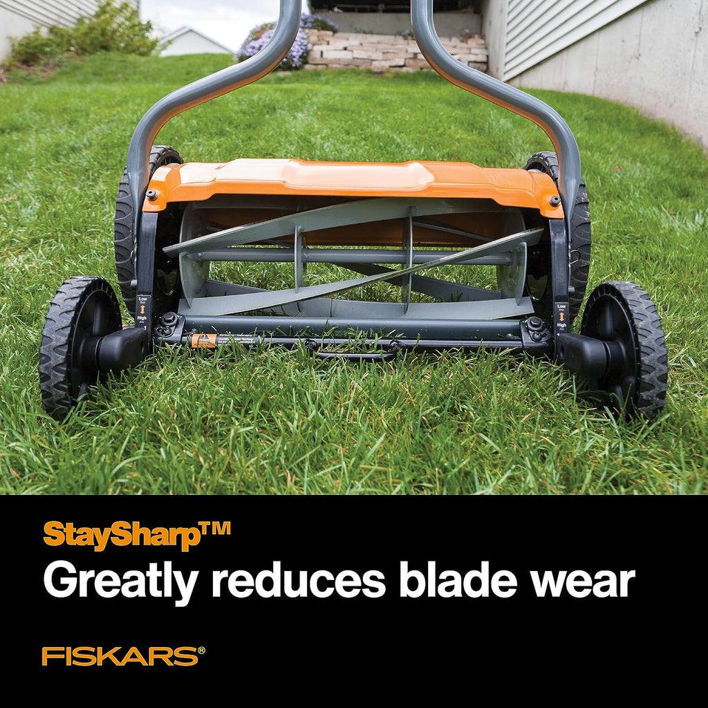 Fiskars Push Mower - 17' Cut Width Manual Reel Mower with No Motor - Grass Cutter with Steel Blades that Stay Sharp - Eco-Friendly Cordless Grass Trimmer for Lawn Care