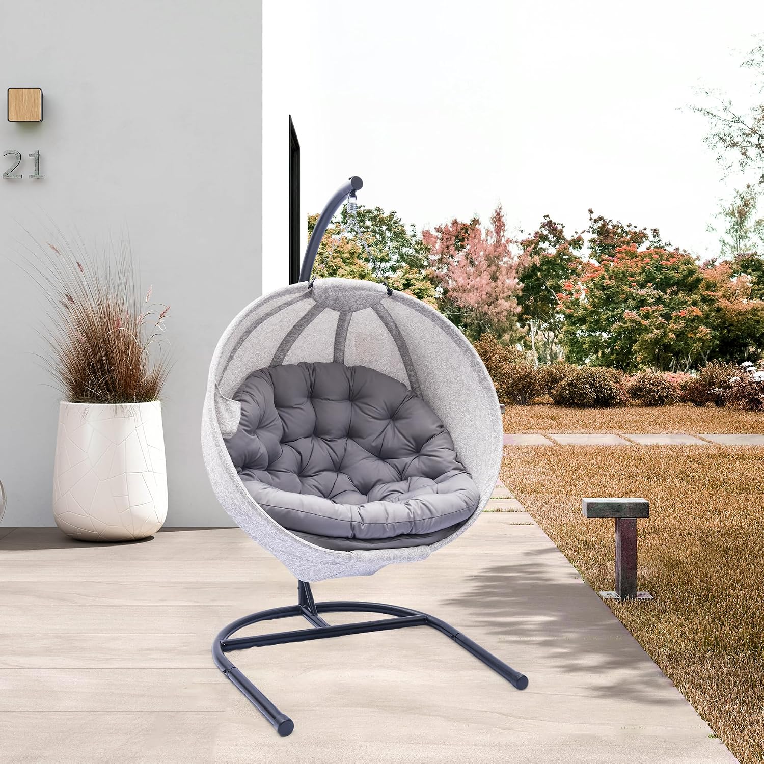 Hanging Egg Chair with Stand - Hanging Ball Chair W/Plush Cushions,Weather-Resistant Fabric, Indoor Outdoor Foldable Swing Chair for Patio, Balcony, Yard & Living Room,(Gesar Flower Gray)